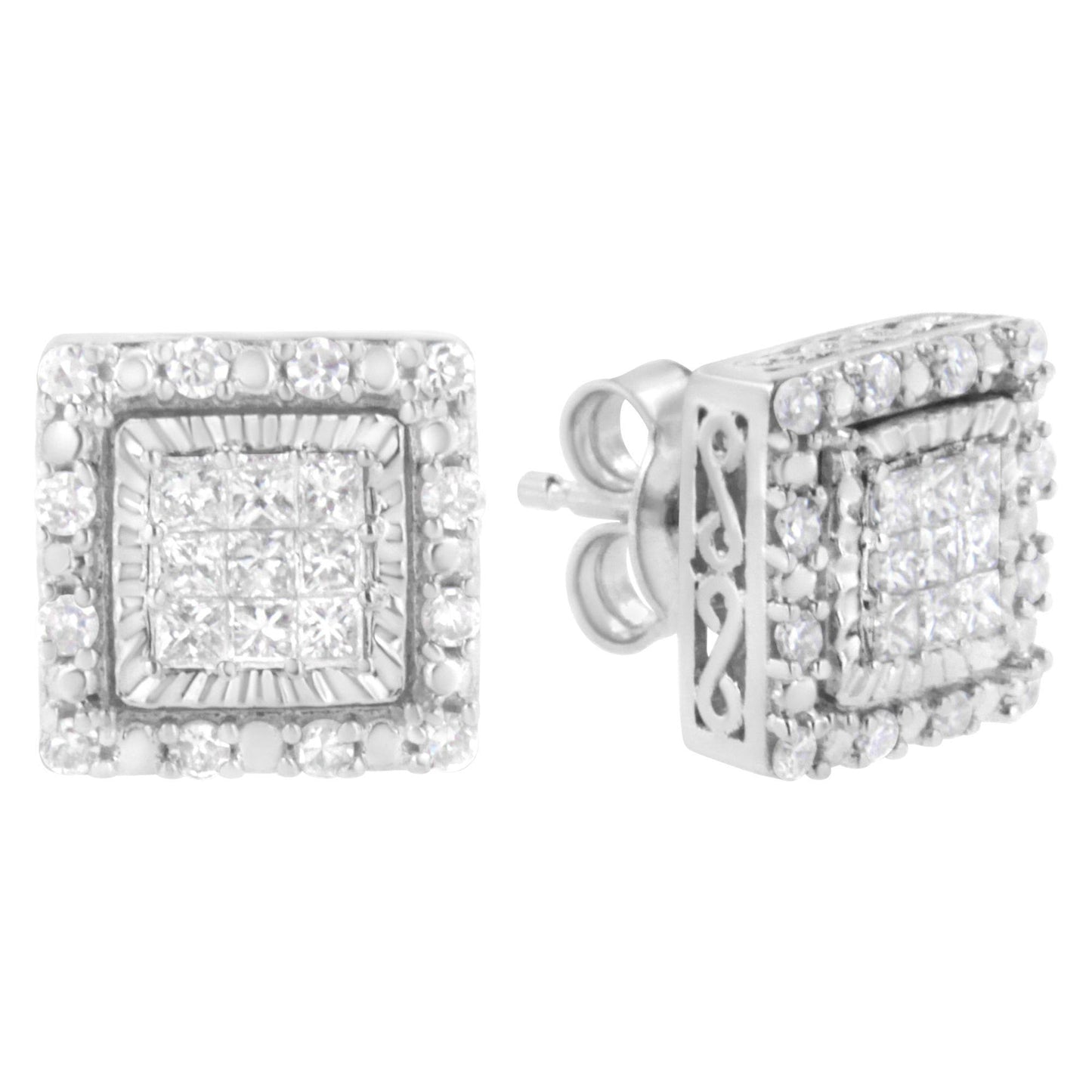 10K White Gold 1/2 cttw Invisible Set Princess-Cut Diamond Square Stud Earring (I-J Color, I1-I2 Clarity) - Bijoux-NYC Direct
