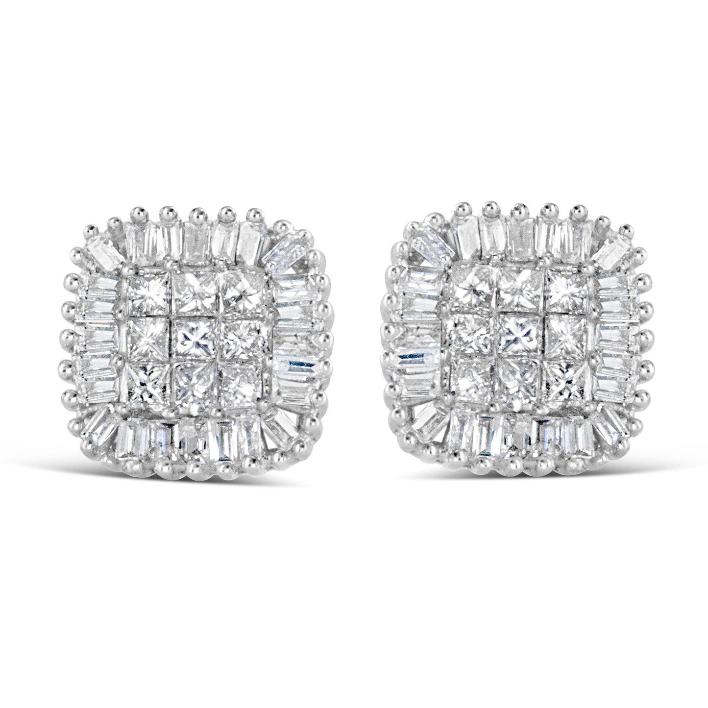 10K White Gold 1/2 Cttw Invisible-Set Princess Cut & Prong-Set Baguette Diamond Composite Stud Earrings (H-I Color, I1-I2 Clarity) - Bijoux-NYC Direct
