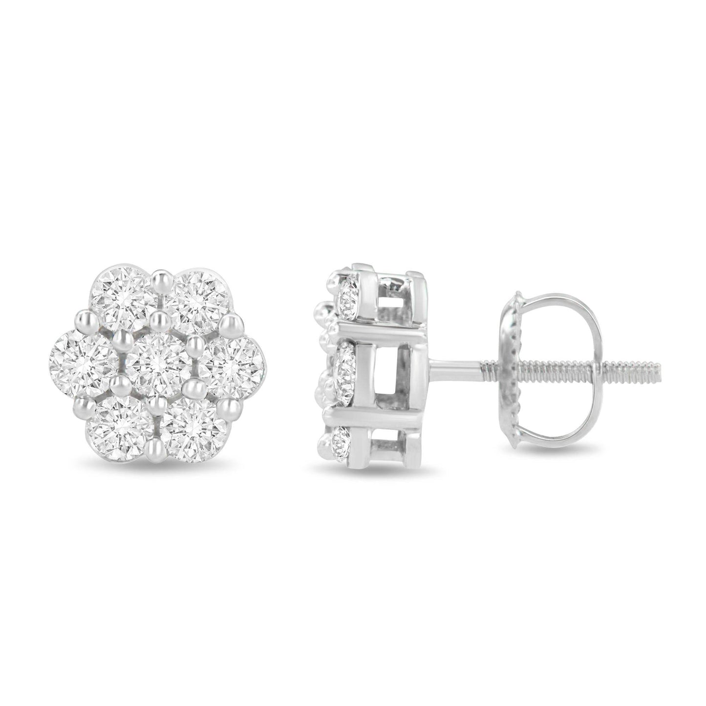 14K White Gold 1 1/2 cttw Prong Set Round-Cut Diamond Floral Cluster Stud Earrings (I-J Color, SI1-SI2 Clarity) - Bijoux-NYC Direct