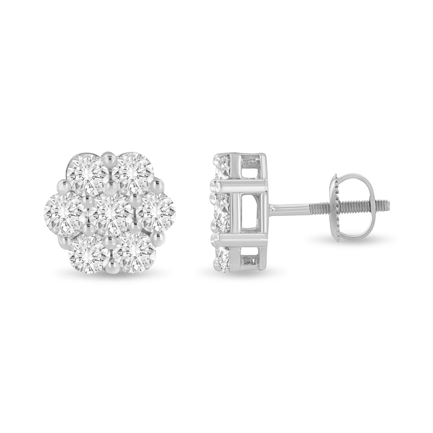 14K White Gold 3 cttw Prong Set Round-Cut Diamond Floral Cluster Stud Earring (I-J Color, SI1-SI2 Clarity) - Bijoux-NYC Direct