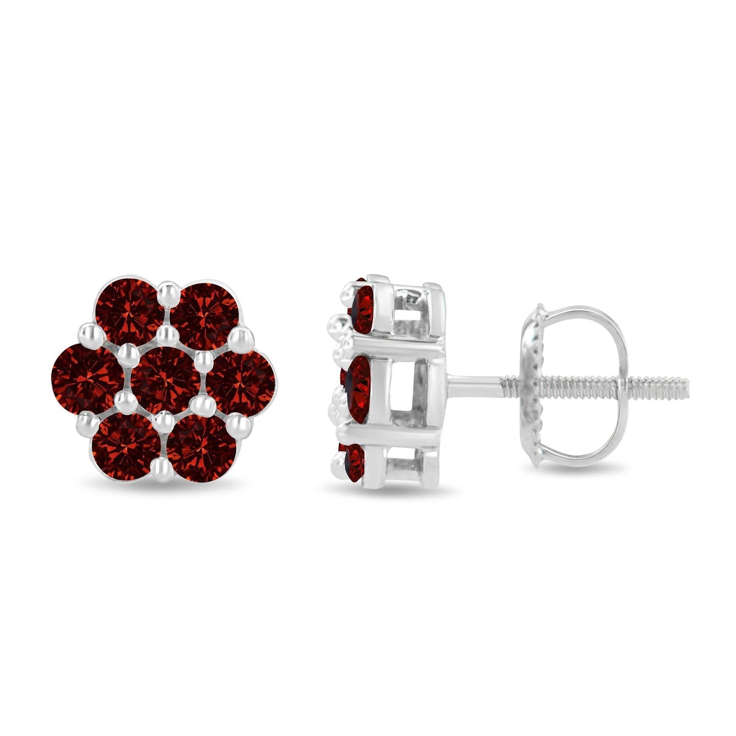 14K White Gold 1.0 Cttw Treated Red Diamond Prong Set 7 Stone Floral Stud Earrings (Treated Red Color, SI2-I1 Clarity) - Bijoux-NYC Direct