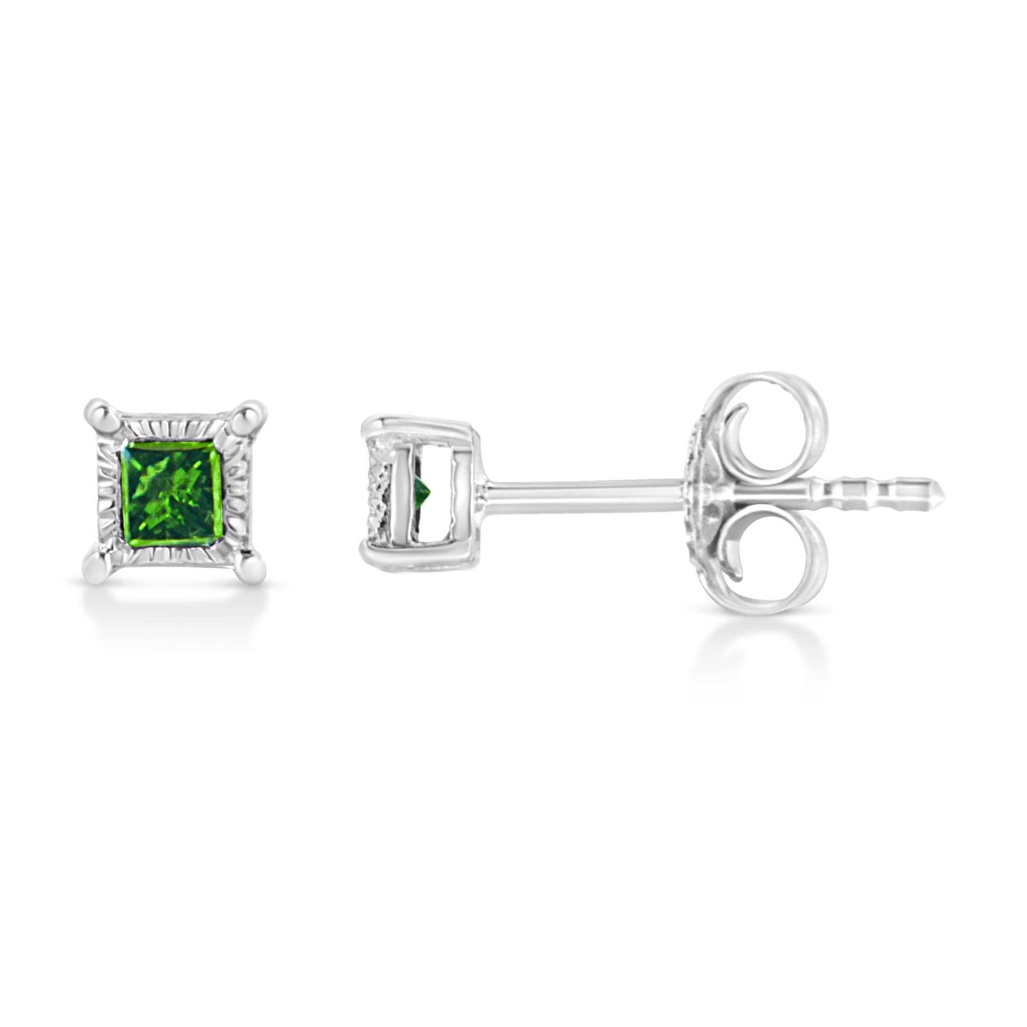 .925 Sterling Silver 1/10 Cttw Miracle Set Princess-Cut Treated Green Diamond Stud Earrings (Green Color, I1-I2 Clarity) - Bijoux-NYC Direct