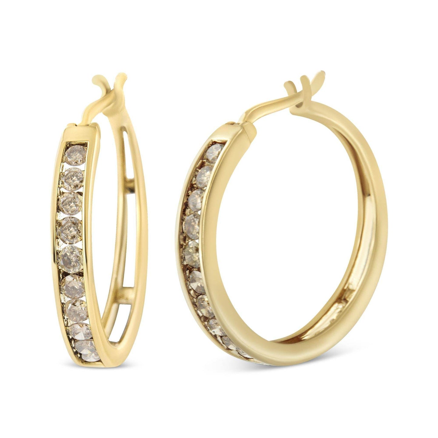 14K Yellow Gold Plated .925 Sterling Silver 1.0 Cttw Channel Set Champagne Diamond Hoop Earrings with Snap Post (K-L Color, I1-I2 Clarity) - Bijoux-NYC Direct
