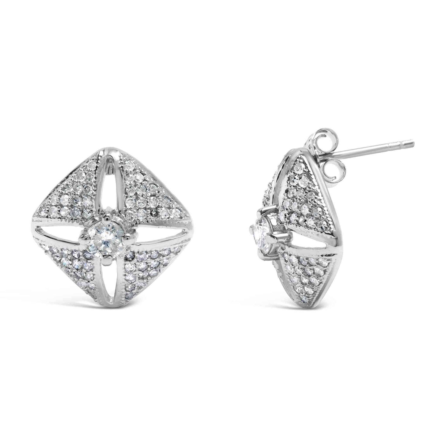 .925 Sterling Silver 1.0 Cttw Diamond Studded Rhombus Stud Earring (H-I Color, I2-I3 Clarity) - Bijoux-NYC Direct