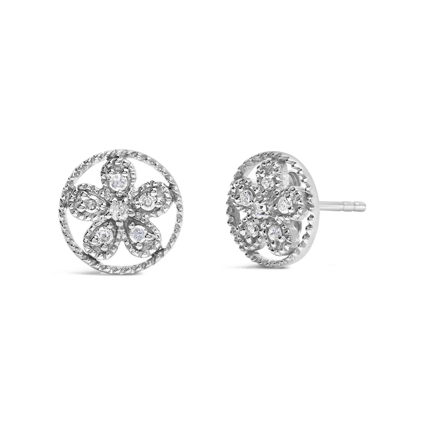 .925 Sterling Silver Diamond Accent Star and Wheel Milgrain Style Stud Earrings (I-J Color, I2-I3 Clarity) - Bijoux-NYC Direct