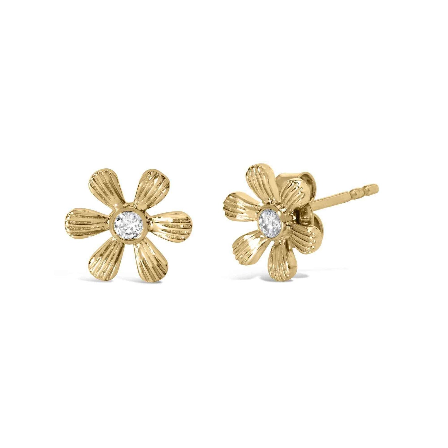 10K Yellow Gold Bezel Set Diamond Accent Hammered Finish Floral Stud Earrings (I-J Color, I1-I2 Clarity) - Bijoux-NYC Direct