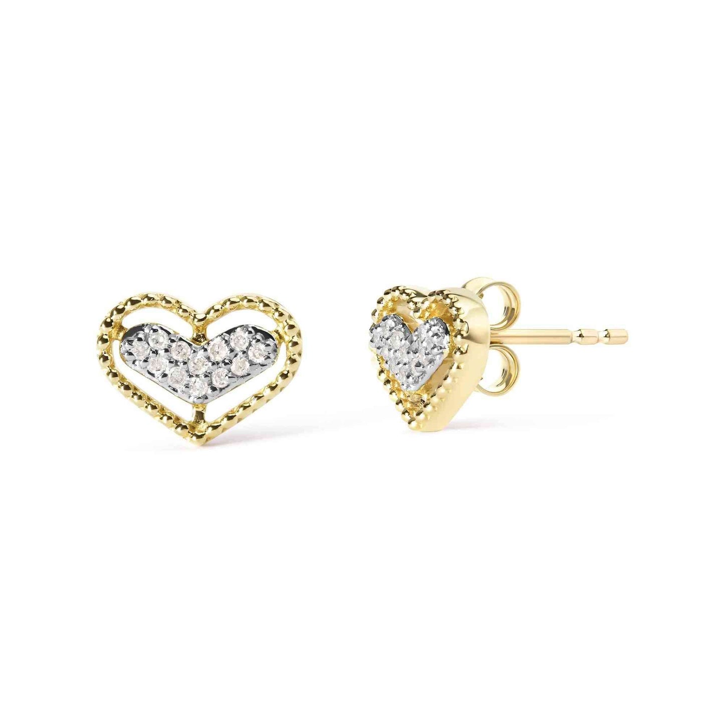 10K Yellow Gold 1/10 Cttw Diamond Heart and Beaded Halo Stud Earrings (I-J Color, I1-I2 Clarity) - Bijoux-NYC Direct
