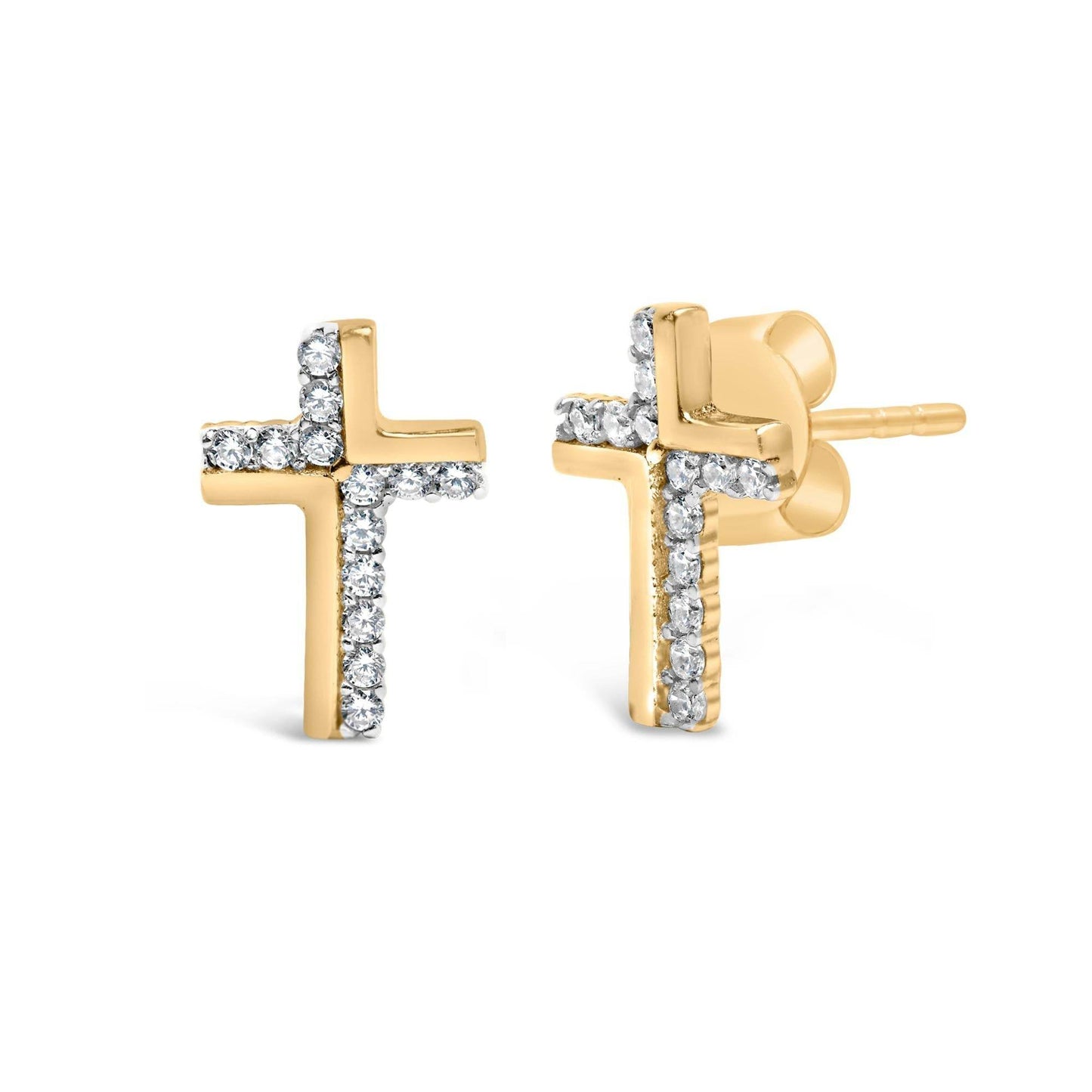 14K Yellow Gold Plated .925 Sterling Silver 1/10 Cttw Diamond Cross Stud Earring (I-J Color, I3 Clarity) - Bijoux-NYC Direct