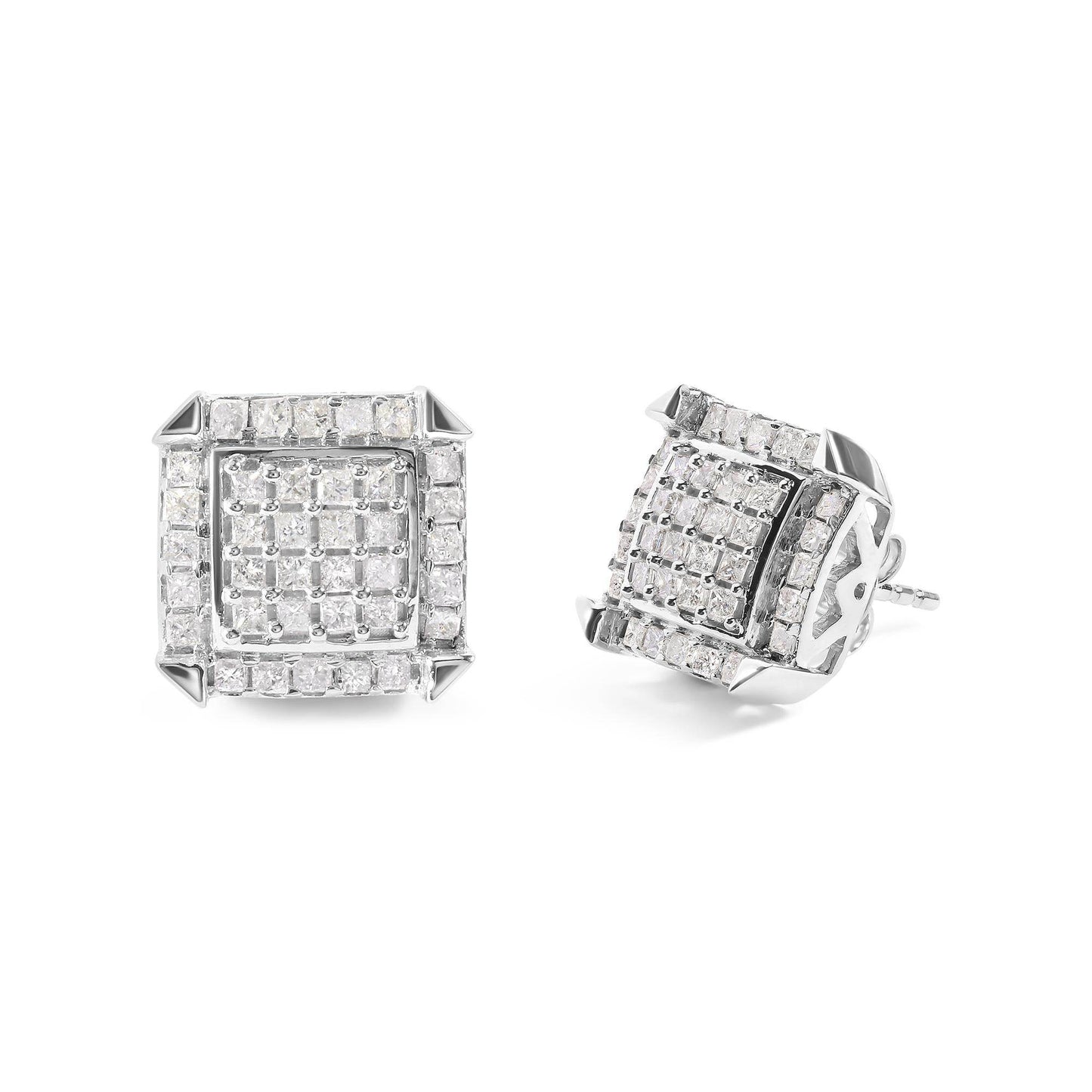 10K White Gold 1 1/10 Cttw Princess Diamond Composite and Halo Stud Earrings (I-J Color, I1-I2 Clarity) - Bijoux-NYC Direct