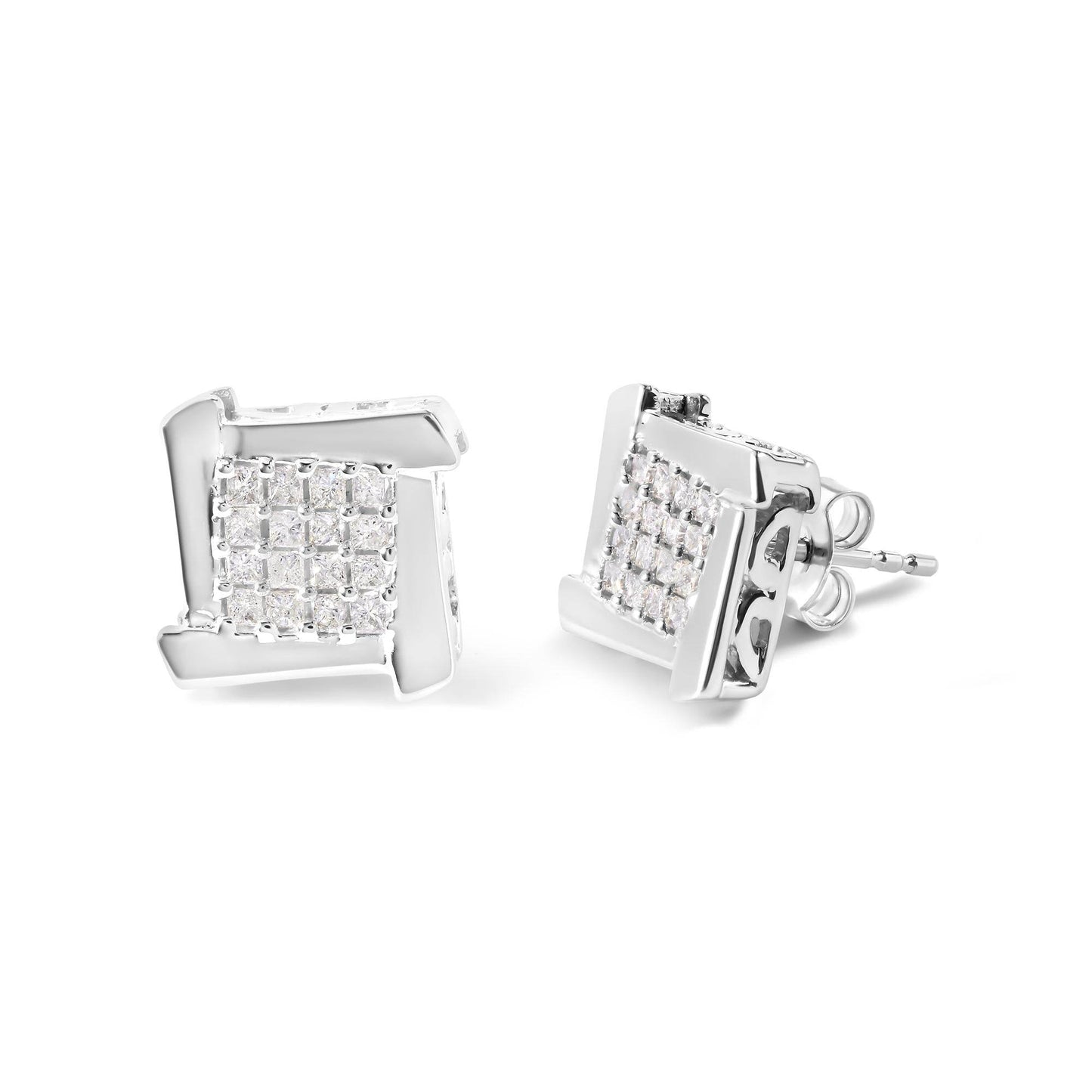 10K White Gold 1/2 Cttw Composite Princess Diamond Square and Swirl Stud Earrings (I-J Color, I1-I2 Clarity) - Bijoux-NYC Direct