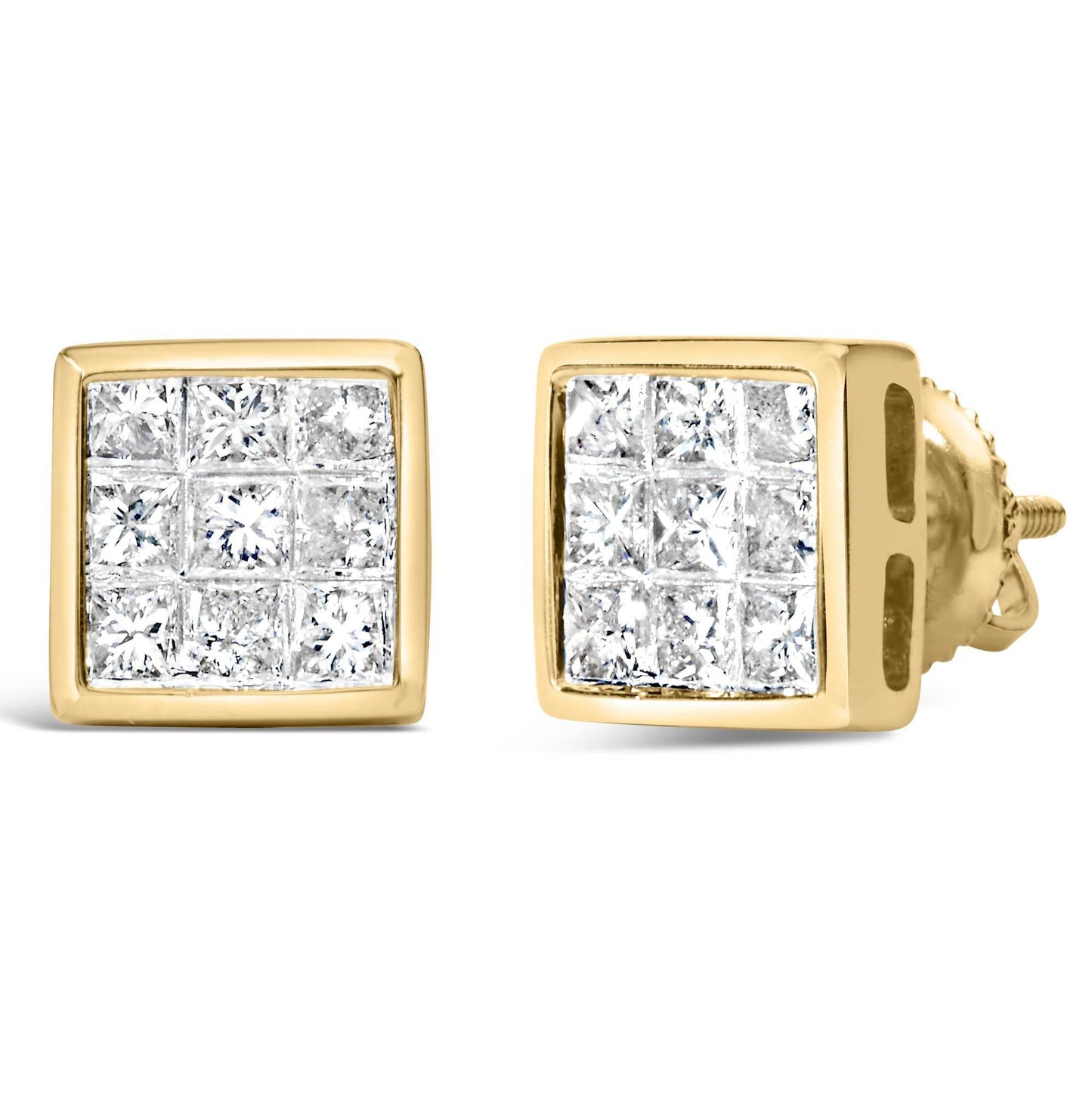 14K Yellow Gold 1.0 Cttw Princess Cut Diamond Composite Stud Earrings with Screw Backs (J-K Color, SI1-SI2 Clarity) - Bijoux-NYC Direct