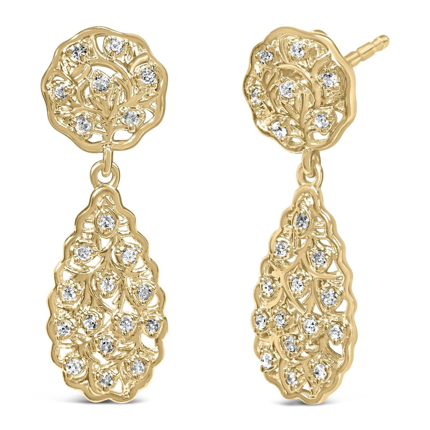 14K Yellow Gold Plated Sterling Silver 1/5 Cttw Diamond Teardrop Filigree Earrings (H-I Color, I1-I2 Clarity) - Bijoux-NYC Direct