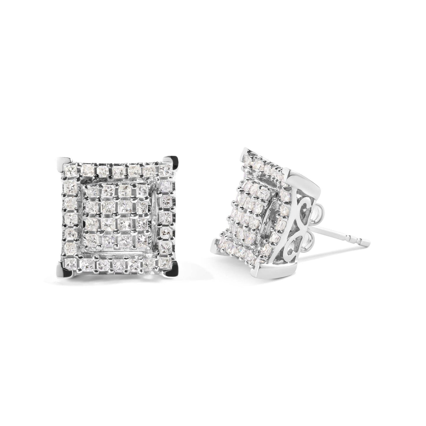 10K White Gold 1 1/4 Cttw Princess Diamond Composite Double Square and Halo Stud Earrings (I-J Color, I1-I2 Clarity) - Bijoux-NYC Direct