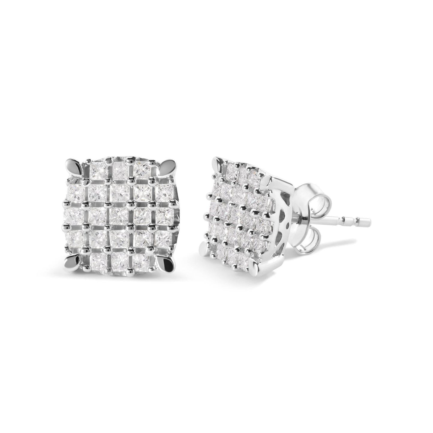 10K White Gold 3/4 Cttw Princess Diamond Composite Cushion Shape Stud Earrings (I-J Color, I1-I2 Clarity) - Bijoux-NYC Direct