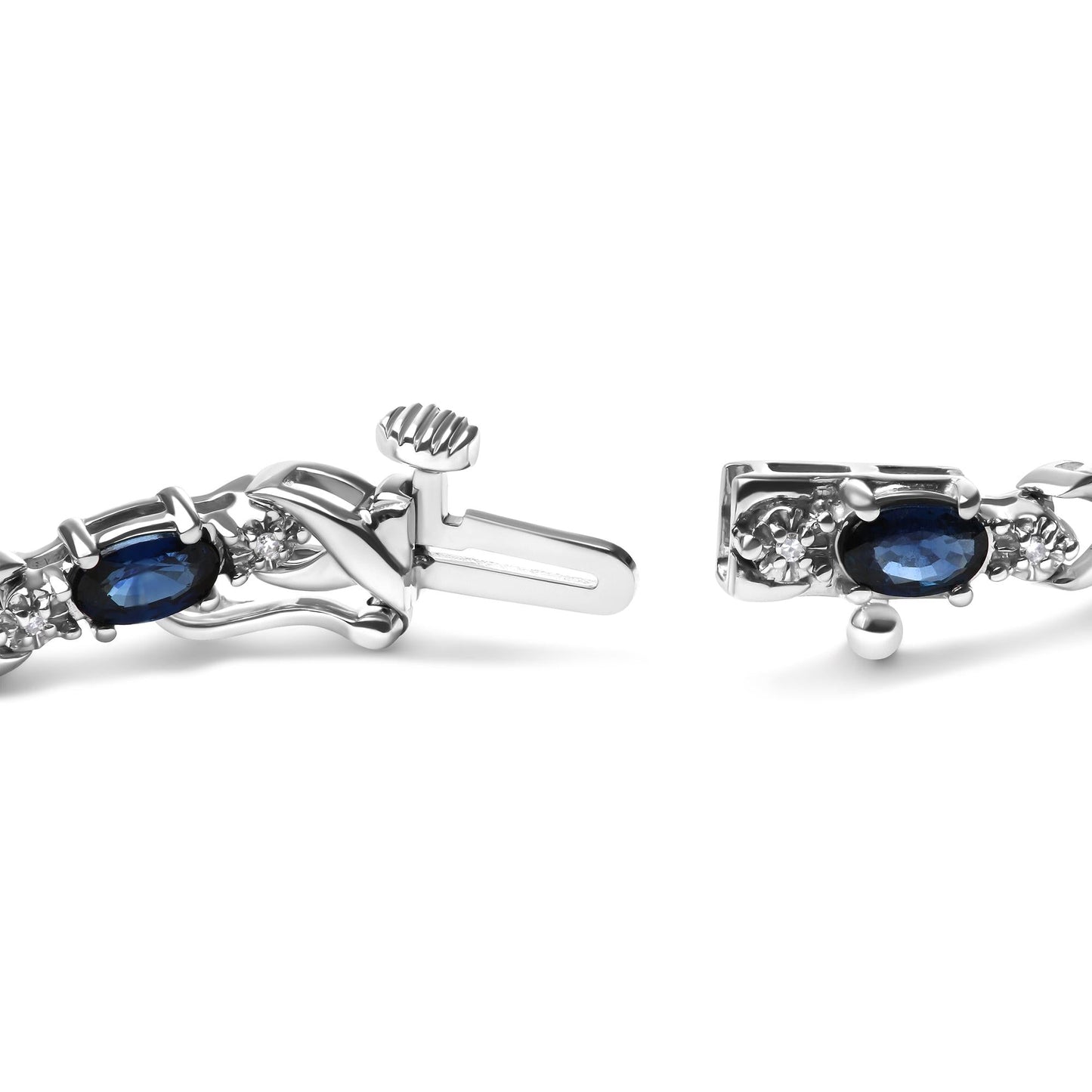 10K White Gold 5x4mm Oval Sapphire Gemstone and 1/10 Cttw Diamond Prong Set "X" Link Bracelet - Size 7" (H-I Color, SI1-SI2 Clarity) - Bijoux-NYC Direct