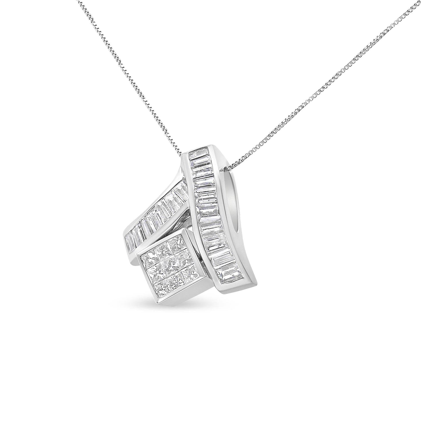 14K White Gold 1 7/8 cttw Princess and Baguette Cut Mixed Geometry Diamond Pendant Necklace (G-H, SI1-SI2) - Bijoux-NYC Direct