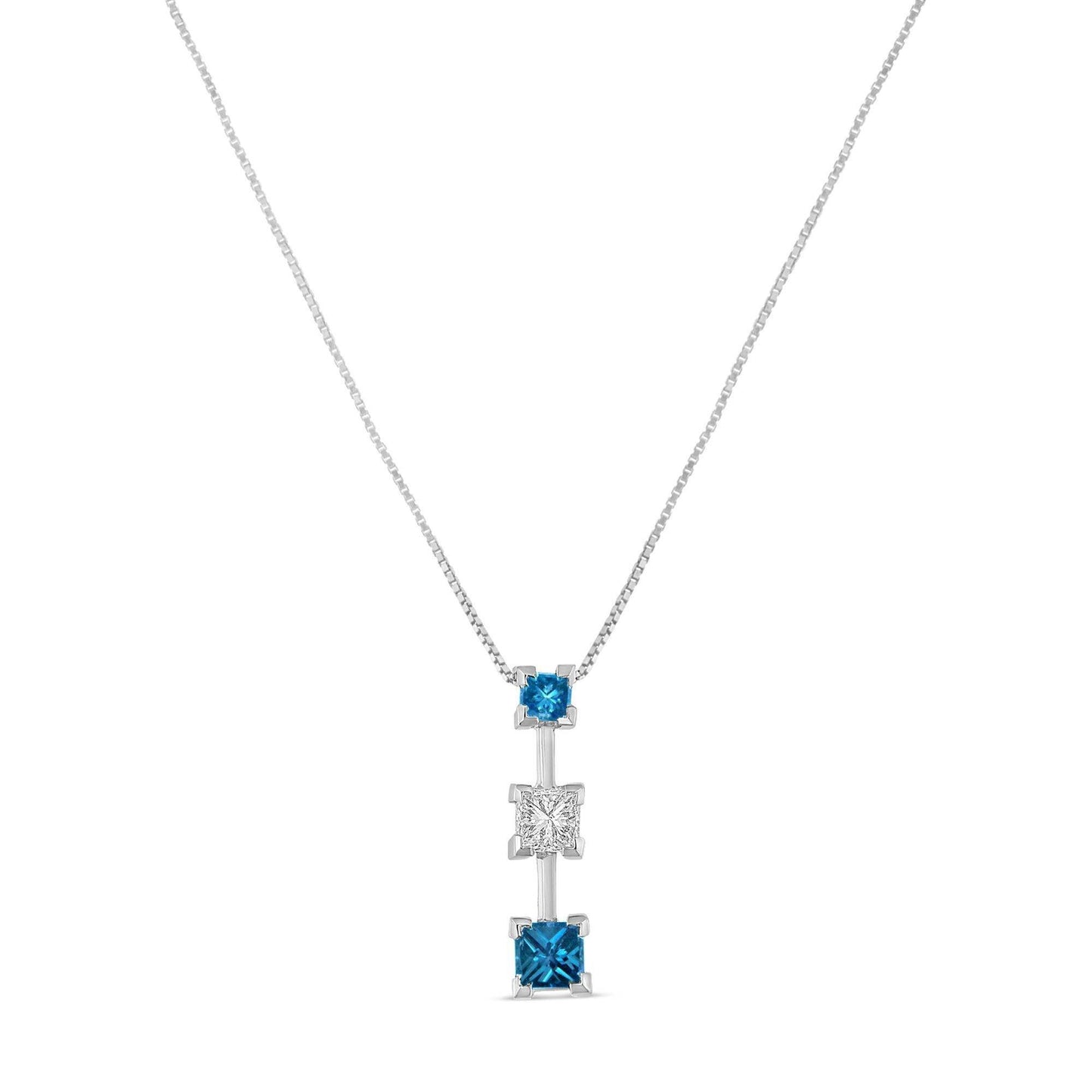 14K White Gold 7/8 cttw Treated Blue and White Princess Cut Diamond Pendant Necklace (H-I, SI2-I1) - Bijoux-NYC Direct
