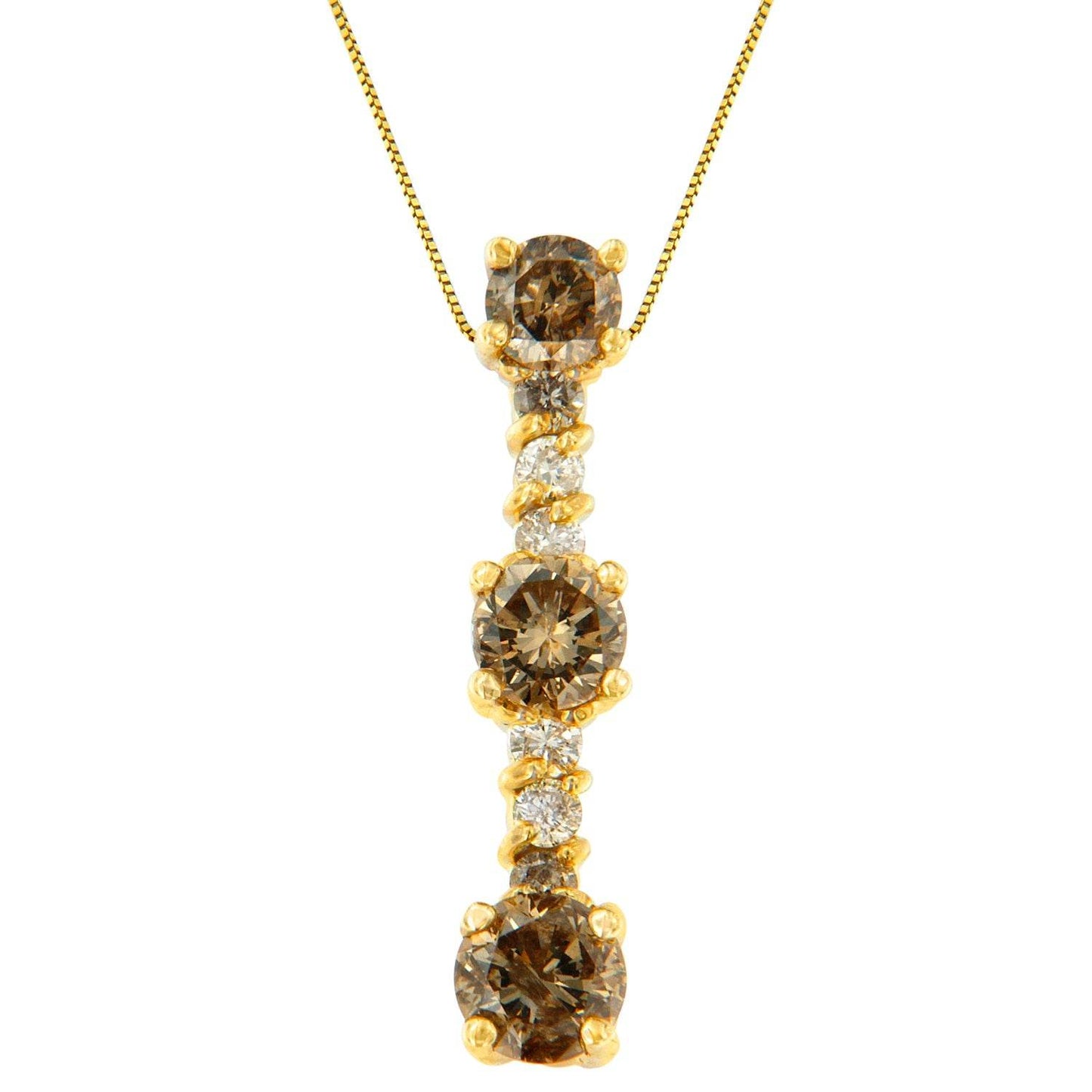 14K Yellow Gold 1 cttw White and Champagne Round Cut Diamond Drop Pendant Necklace (I-J, I1-I2) - Bijoux-NYC Direct