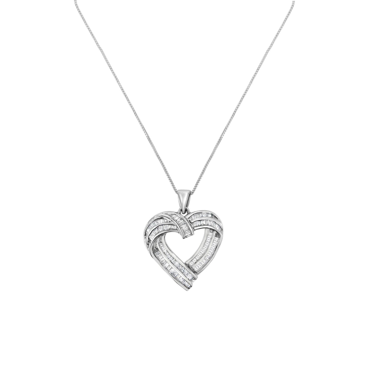 Sterling Silver 7/8 cttw Baguette Diamond Heart Pendant Necklace (I-J, I2-I3) - Bijoux-NYC Direct