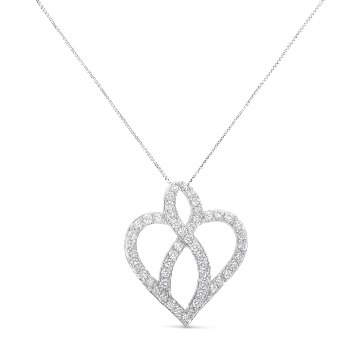 14KT White Gold 1 cttw Diamond Heart Ribbon Pendant Necklace (H-I, I1-I2) - Bijoux-NYC Direct