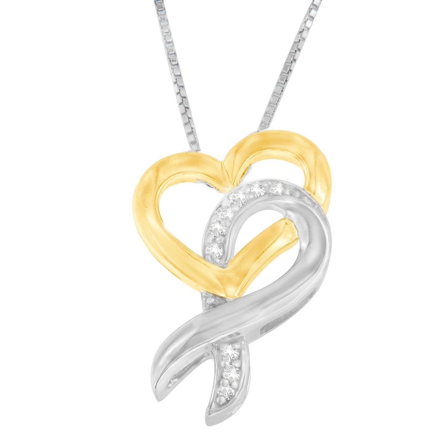 10K Yellow Gold and .925 Sterling Silver 1/20 cttw Diamond Ribbon-Heart Pendant Necklace (H-I, I1-I2) - Bijoux-NYC Direct