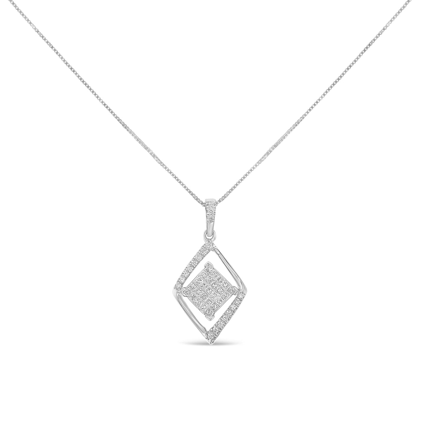 10k White Gold 1/3 Cttw Round and Princess-Cut Diamond Double Triangle 18" Pendant Necklace (H-I Color, SI1-SI2 Clarity) - Bijoux-NYC Direct