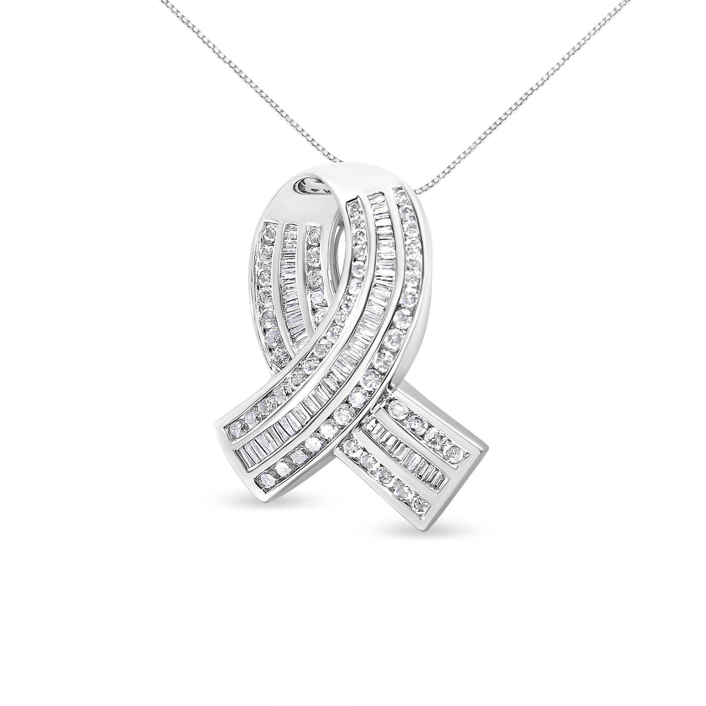 14K White Gold 2 5/8 Cttw Channel Set Round and Baguette Diamond Awareness Ribbon Pendant (H-I Color, I1-I2 Clarity) - Chain Not Included - Bijoux-NYC Direct