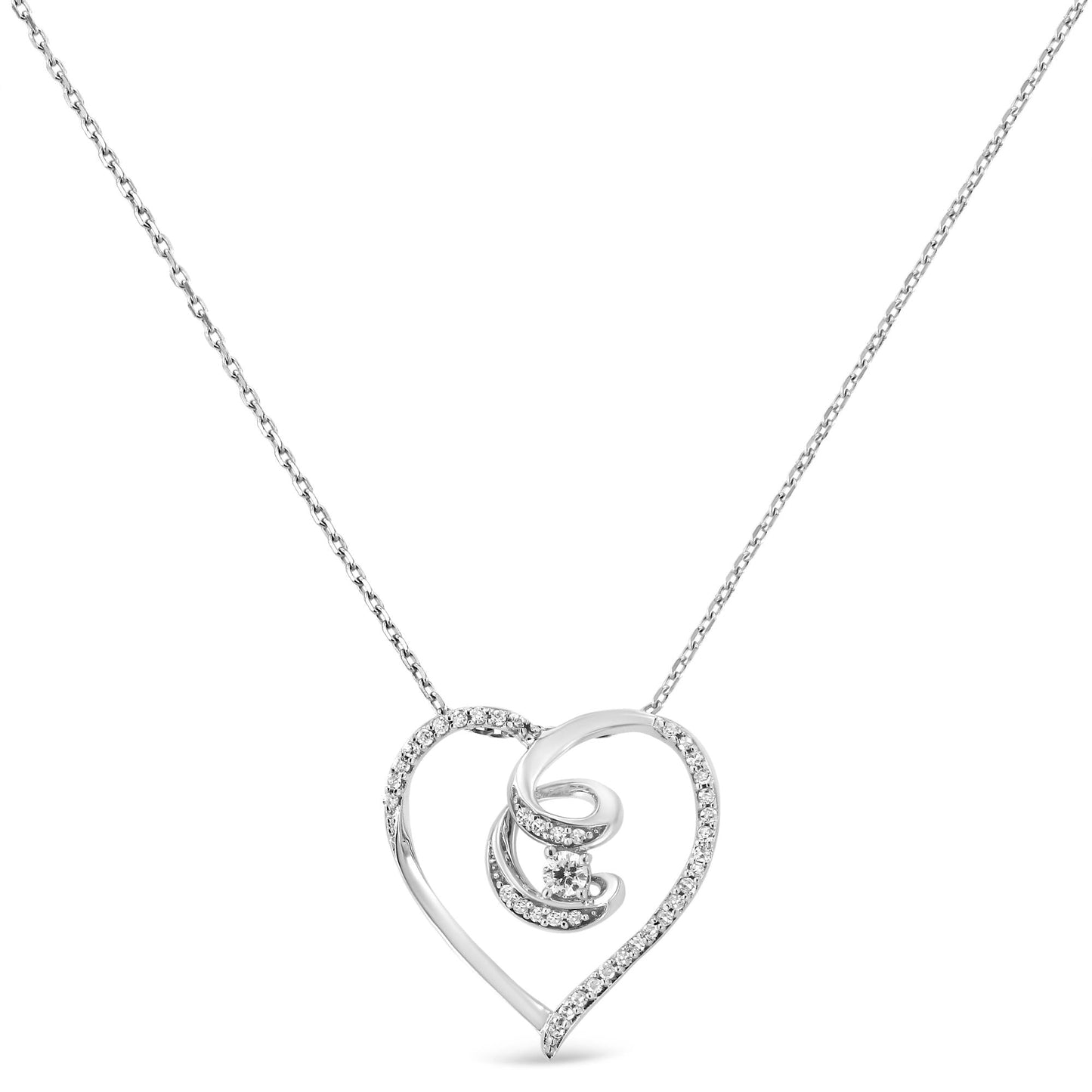 .925 Sterling Silver 1/4 Cttw Brilliant-Cut Diamond Open Heart Twisted Awareness Ribbon 18" Pendant Necklace (H-I Color, I1-I2 Clarity) - Bijoux-NYC Direct