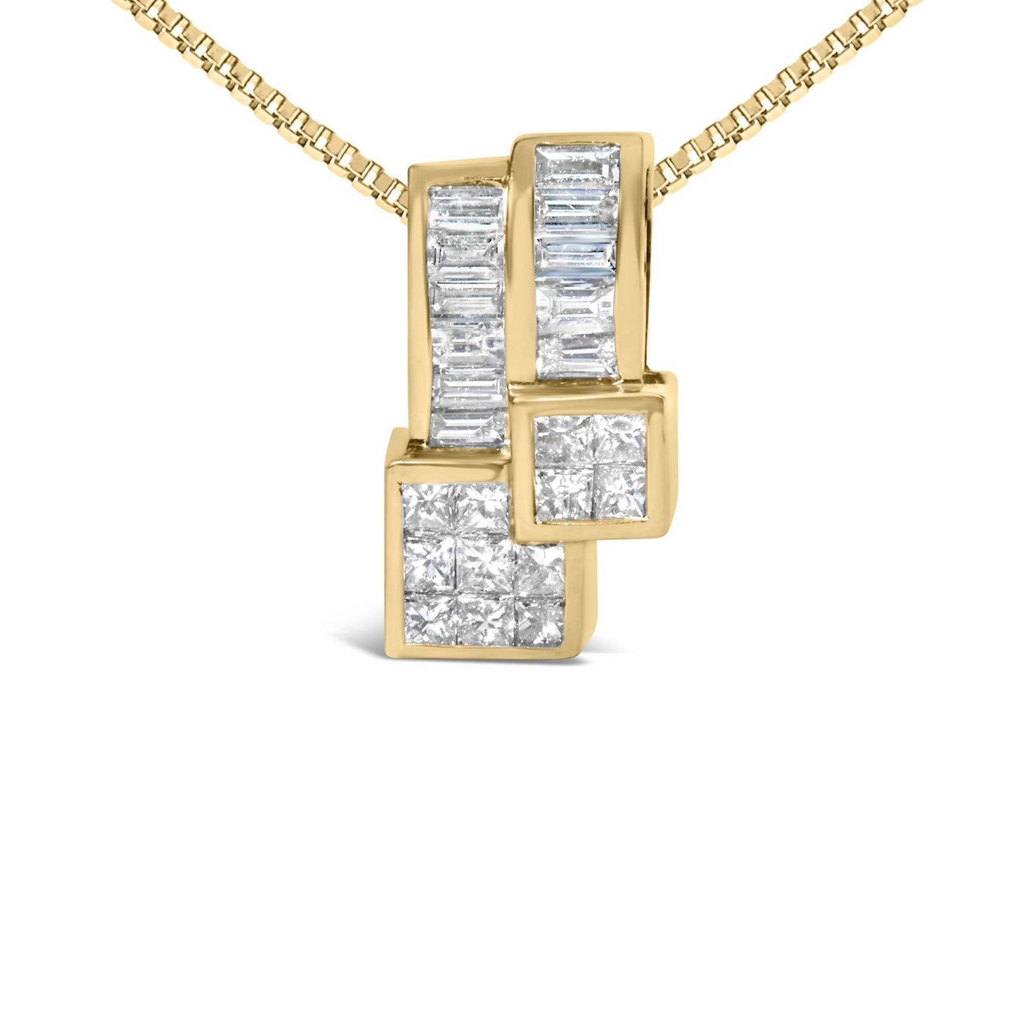 14K Yellow Gold 1 1/2 cttw Princess and Baguette Cut Diamond Geometric Pendant Necklace (H-I Color, VS1-VS2 Clarity) - Bijoux-NYC Direct