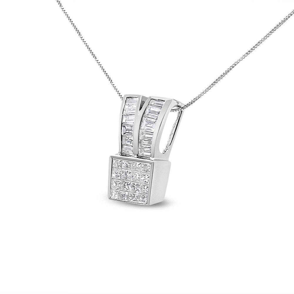 14K White Gold 1 5/8 cttw Princess and Baguette Cut Diamond Heart Ribbon Pendant Necklace (G-H, VS1-VS2) - Bijoux-NYC Direct