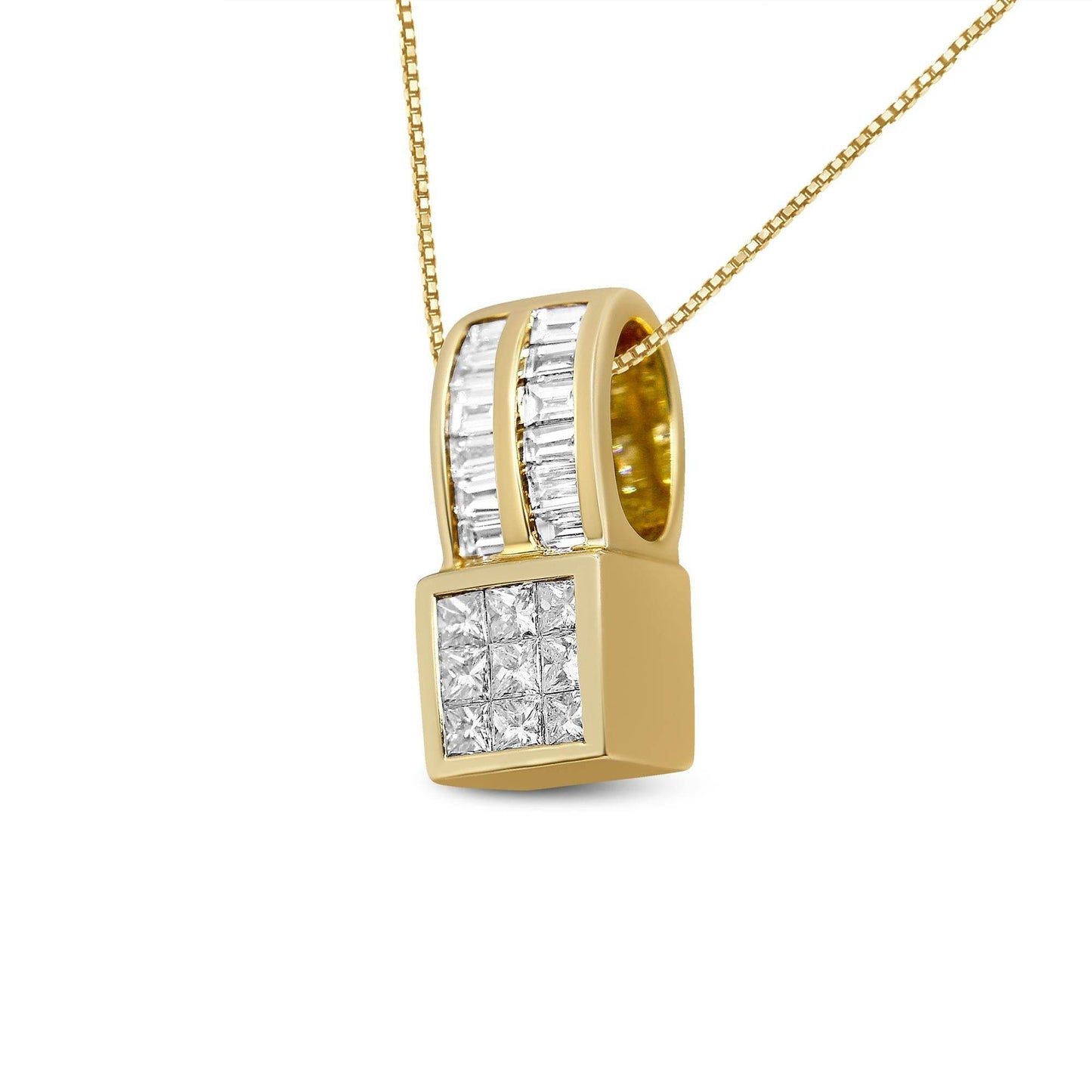 14K Yellow Gold 1 1/4 cttw Princess and Baguette Cut Geometric Inspired Diamond Pendant Necklace (H-I, VS1-VS2) - Bijoux-NYC Direct