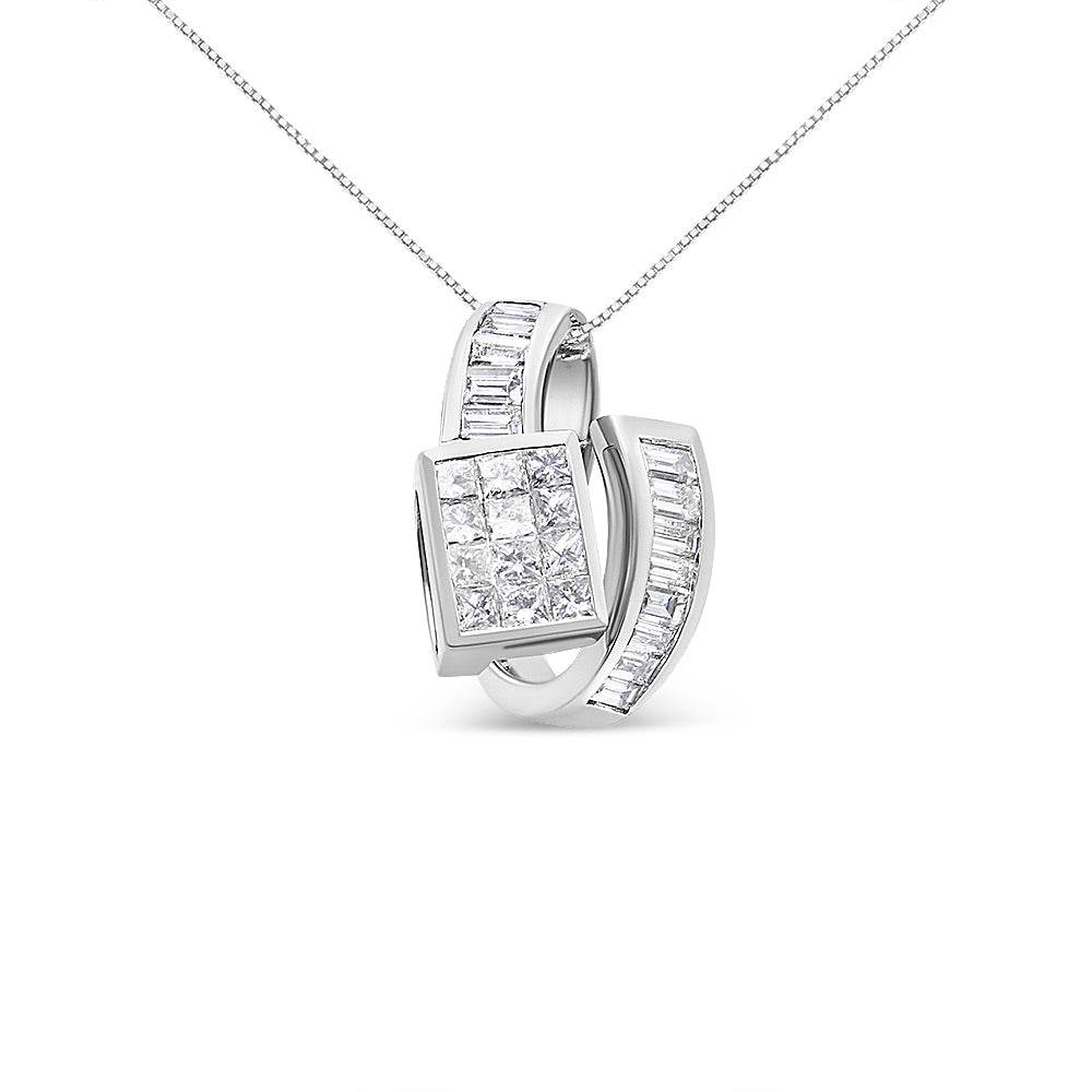 14K White Gold 2 cttw Princess and Baguette Cut Diamond Double Loop Pendant Necklace (G-H, VS1-VS2) - Bijoux-NYC Direct