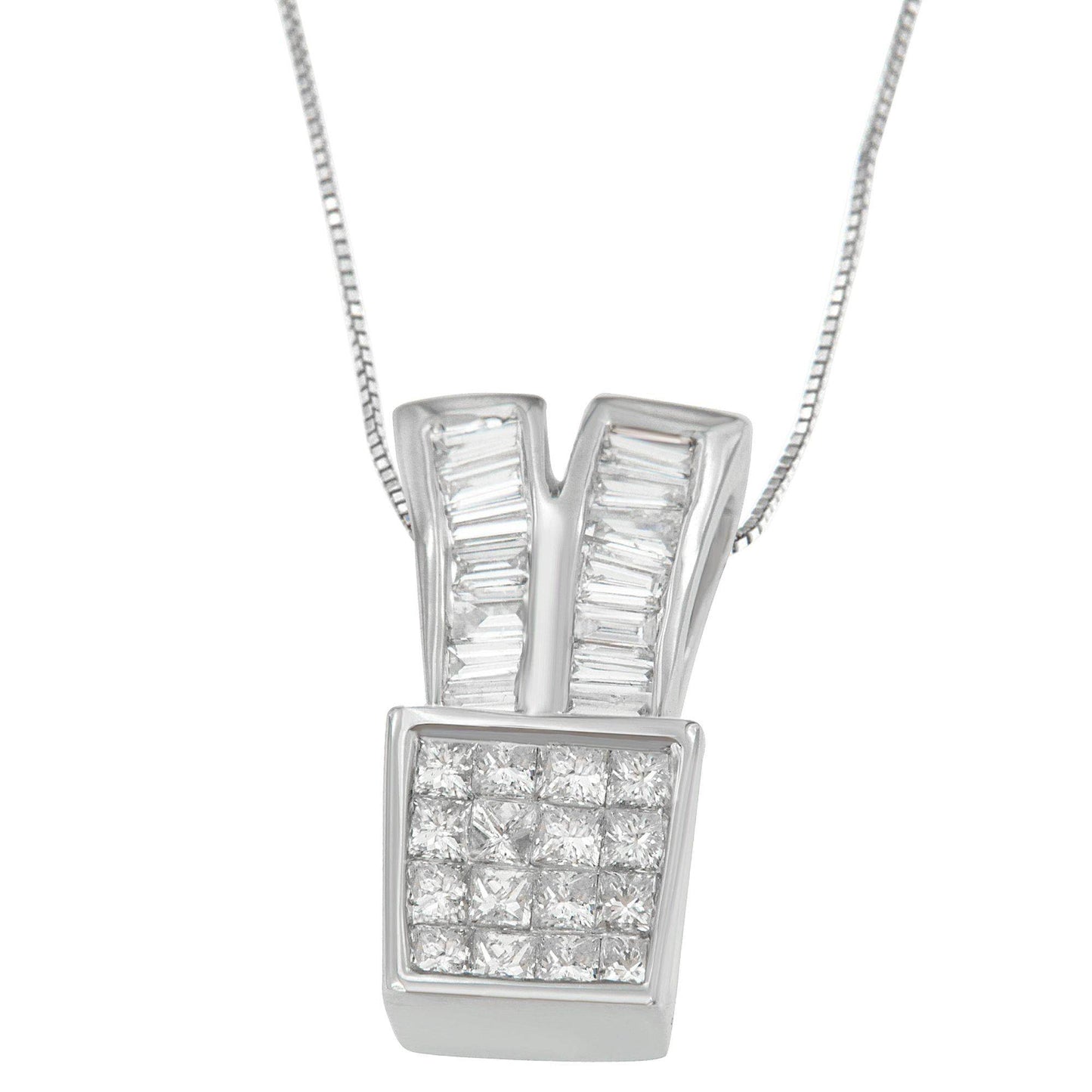 14K White Gold 1 1/3 cttw Princess and Baguette Cut Diamond Sparkling Shapes Pendant Necklace (H-I, SI1-SI2) - Bijoux-NYC Direct