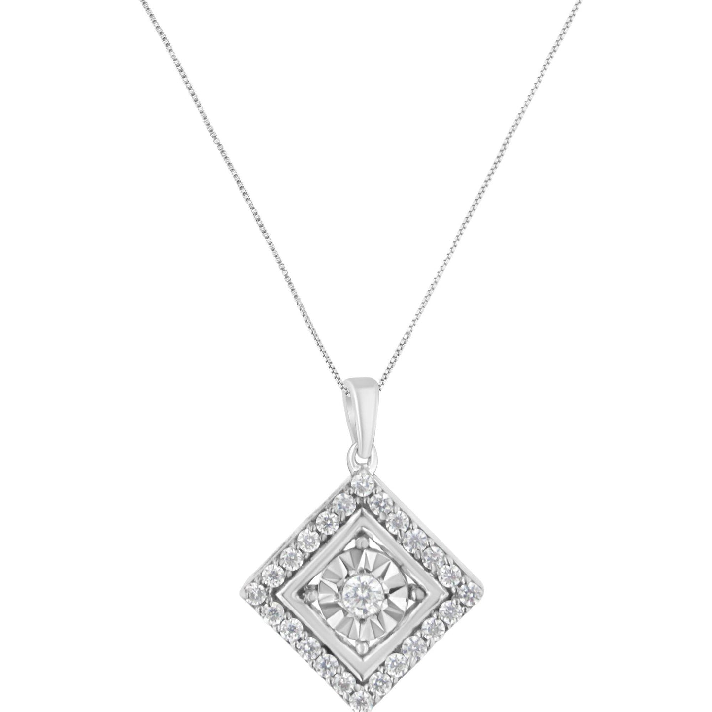 10KT White Gold 1/2 cttw Diamond Square Pendant Necklace (I-J Color, I2-I3 Clarity) - Bijoux-NYC Direct