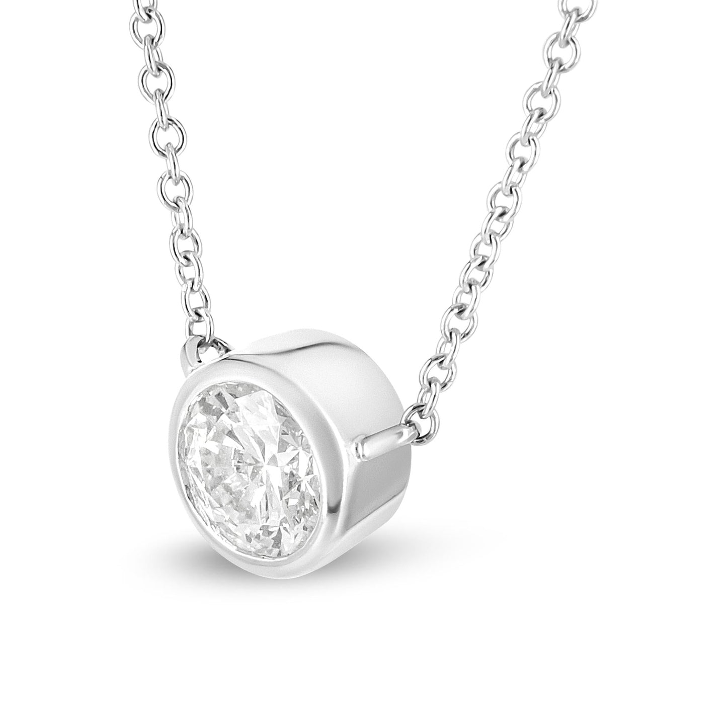 10K White Gold 1/3 Cttw Round Bezel-Set Diamond Solitaire Pendant Necklace (I-J Color, I1-I2 Clarity) - Adjustable 16-18" - Bijoux-NYC Direct