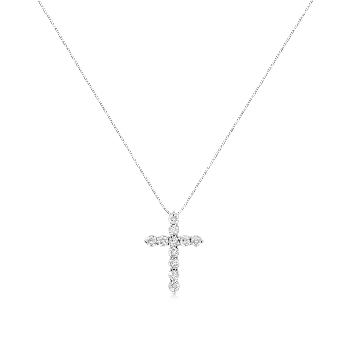 .925 Sterling Silver 1.0 Cttw Prong Set Round-Cut Diamond Cross 18" Pendant Necklace (I-J Color, I2-I3 Clarity) - Bijoux-NYC Direct