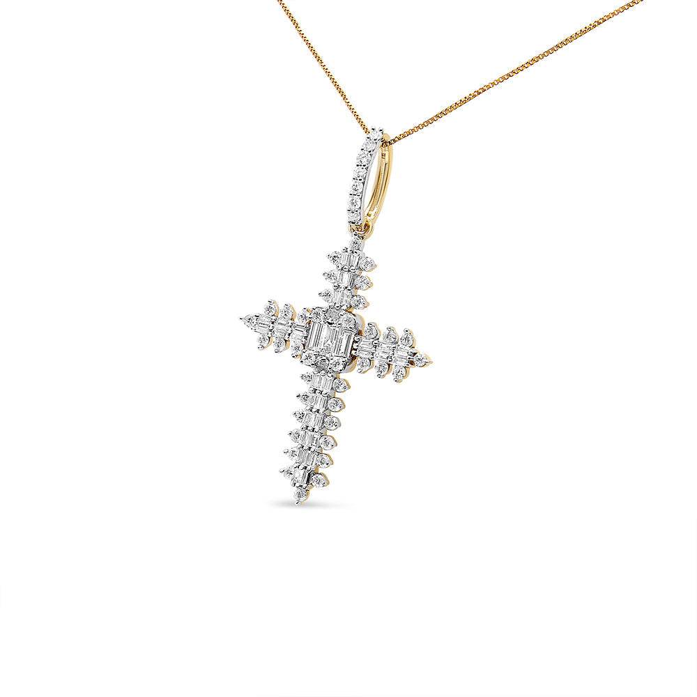 10K Yellow Gold 7/8 Cttw Round & Baguette Diamond Zigzag Pattern Cross Pendant Necklace (H-I Color, SI2-I1 Clarity) - NO CHAIN INCLUDED - Bijoux-NYC Direct
