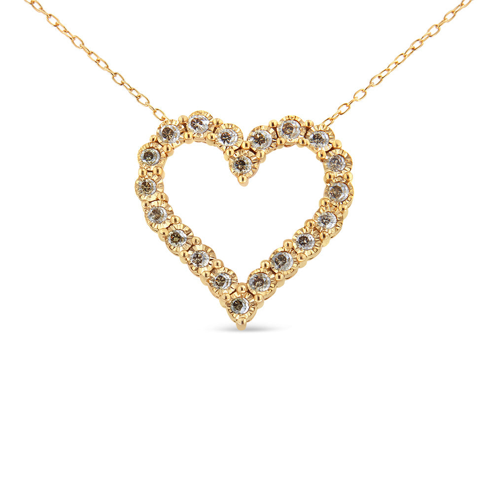 10K Yellow Gold Flashed .925 Sterling Silver 1/2 Cttw Champagne Diamond Miracle Plate Heart Pendant Necklace (K-L Color, I1-I2 Clarity) - 18" - Bijoux-NYC Direct