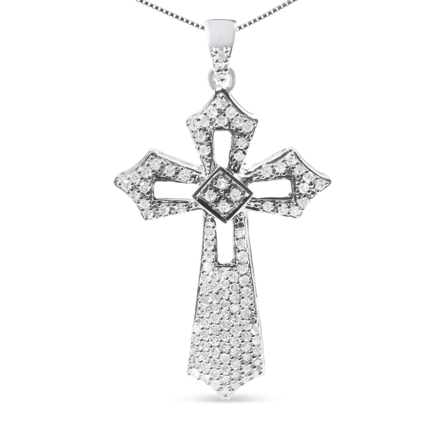 .925 Sterling Silver 1.00 Cttw Diamond Fleur De Lis Cross 18" Pendant Necklace (H-I Color, I2-I3 Clarity) - Bijoux-NYC Direct