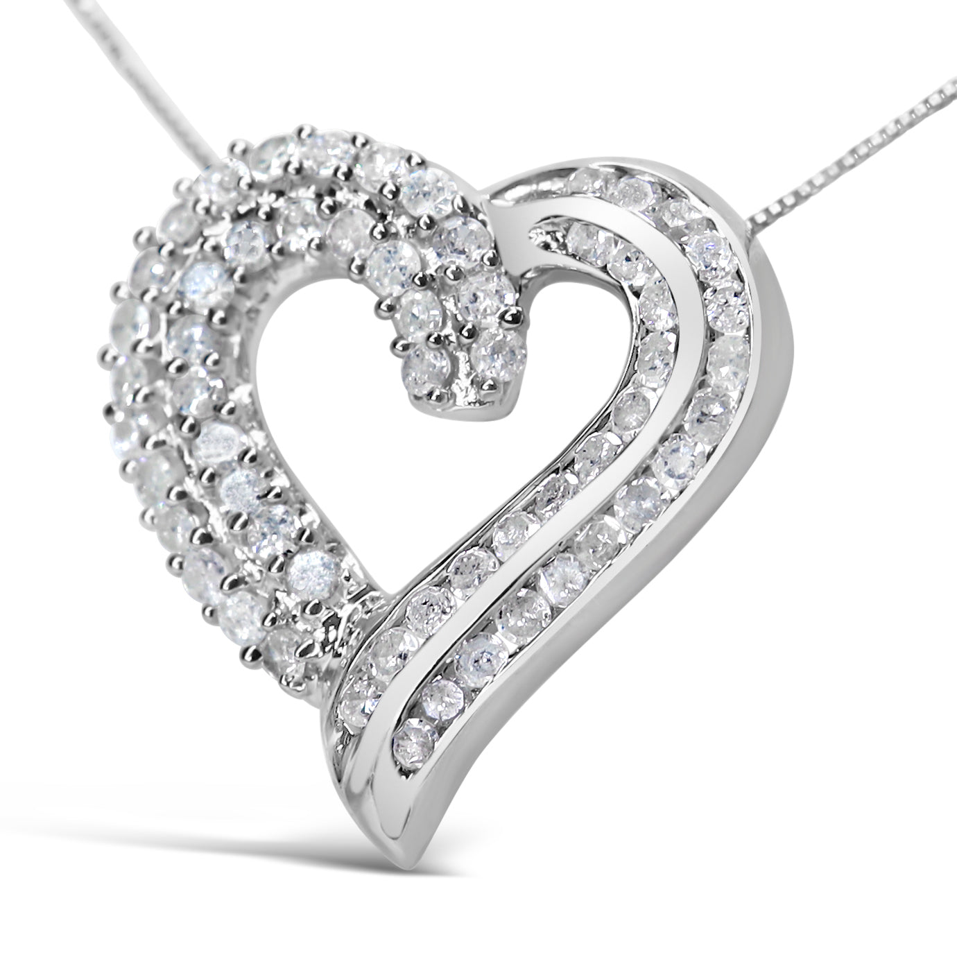 .925 Sterling Silver 1.0 Cttw Prong & Channel-Set Diamond Open work Ribbon Heart Pendant 18" Necklace (I-J Color, I3 Clarity) - Bijoux-NYC Direct