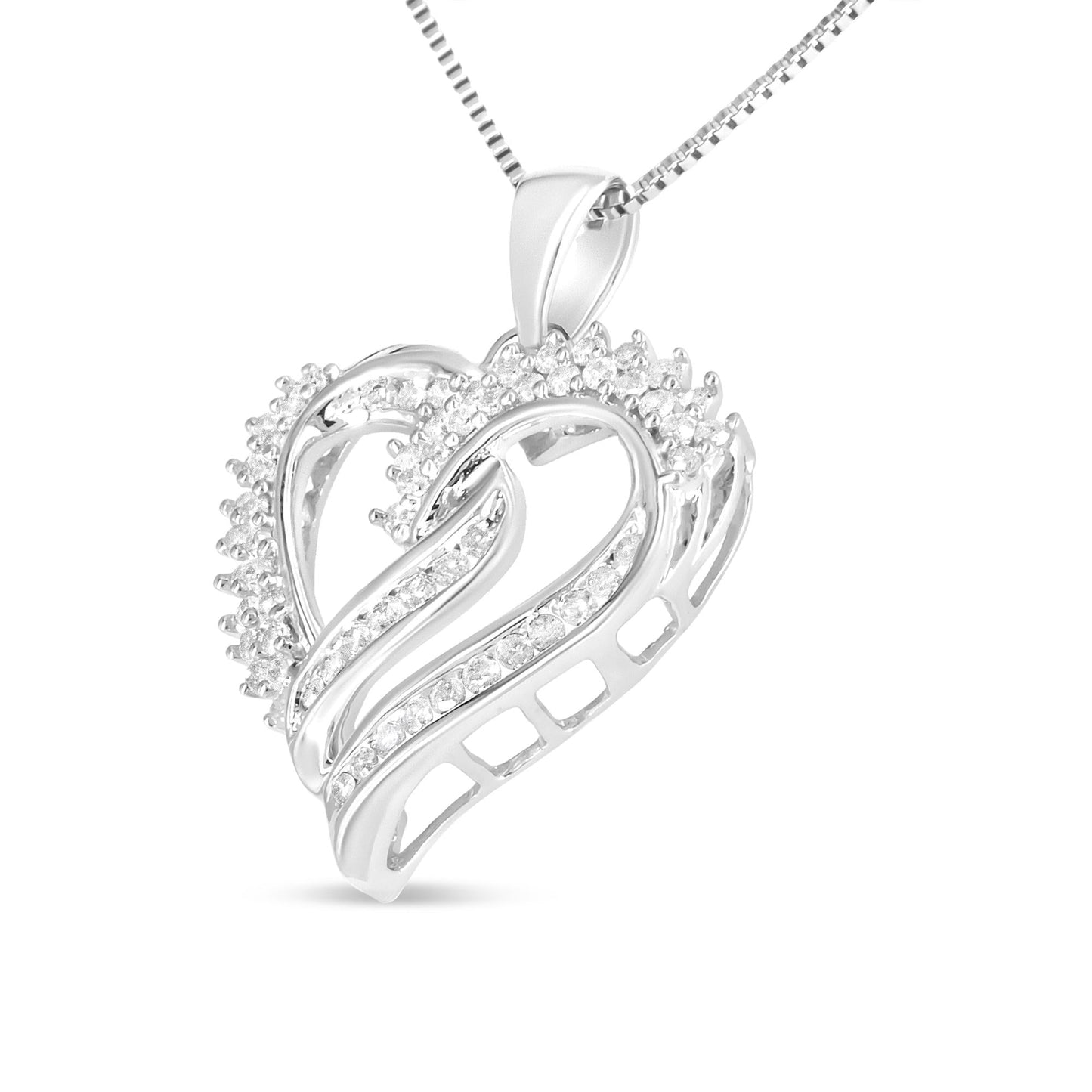 .925 Sterling Silver 1/2 Cttw Diamond Double Row Openwork Heart Pendant 18" Necklace (I-J Color, I3 Clarity) - Bijoux-NYC Direct