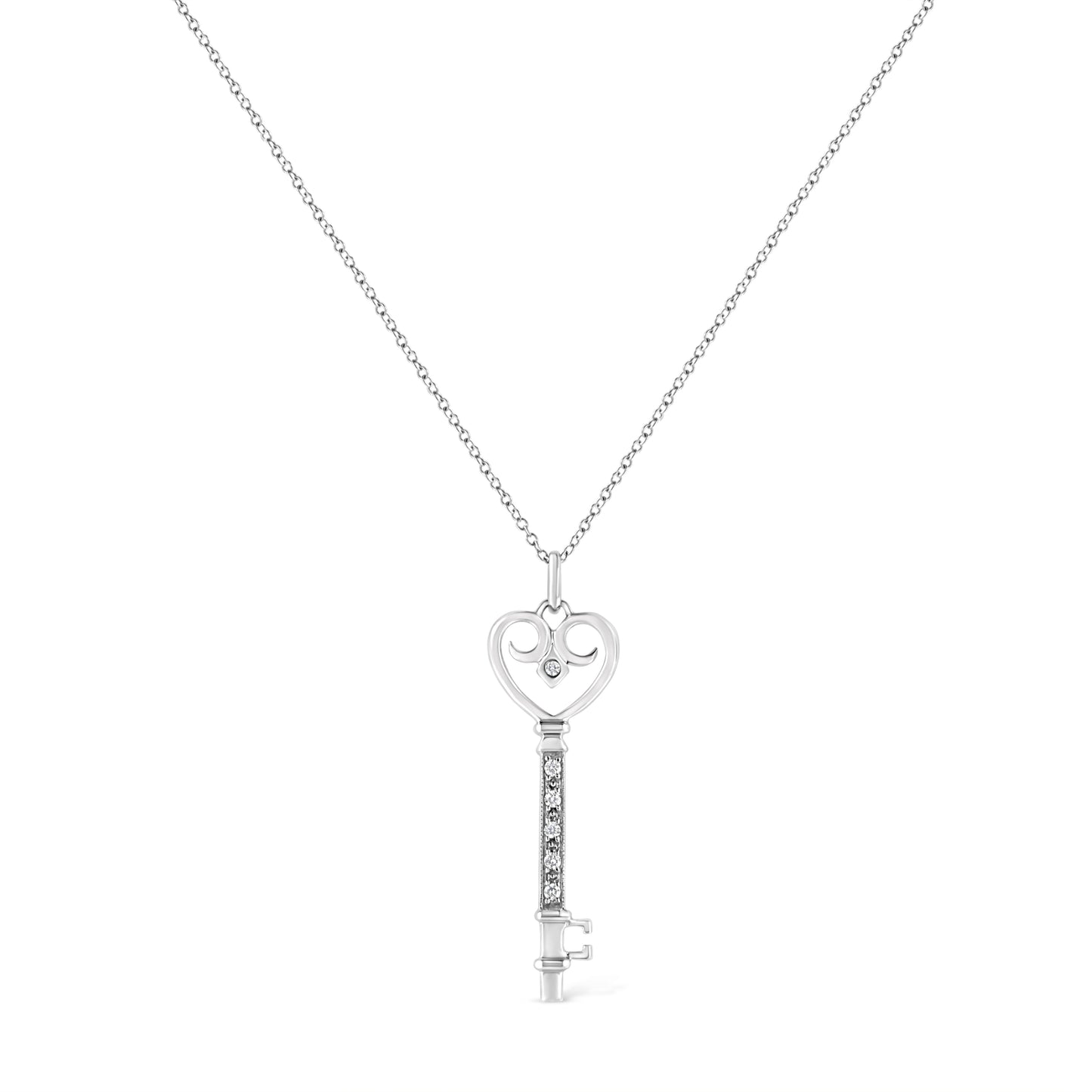 .925 Sterling Silver Pave and Bezel-Set Diamond Accent Key 18" Heart and Lock Pendant Necklace (K-L Color, I1-I2 Clarity) - Bijoux-NYC Direct