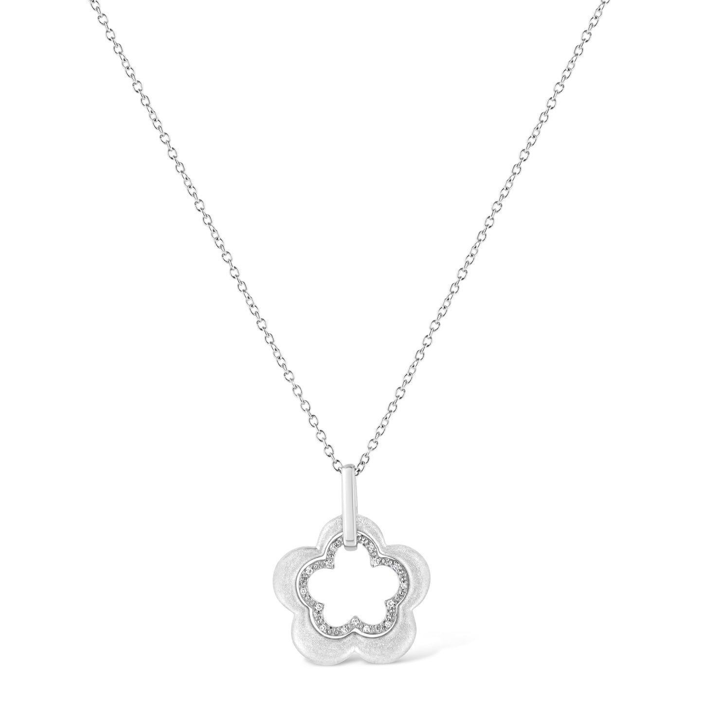 Matte Finished .925 Sterling Silver Diamond Accent Double Flower Shape 18" Satin Finished Pendant Necklace (I-J Color, I1-I2 Clarity) - Bijoux-NYC Direct