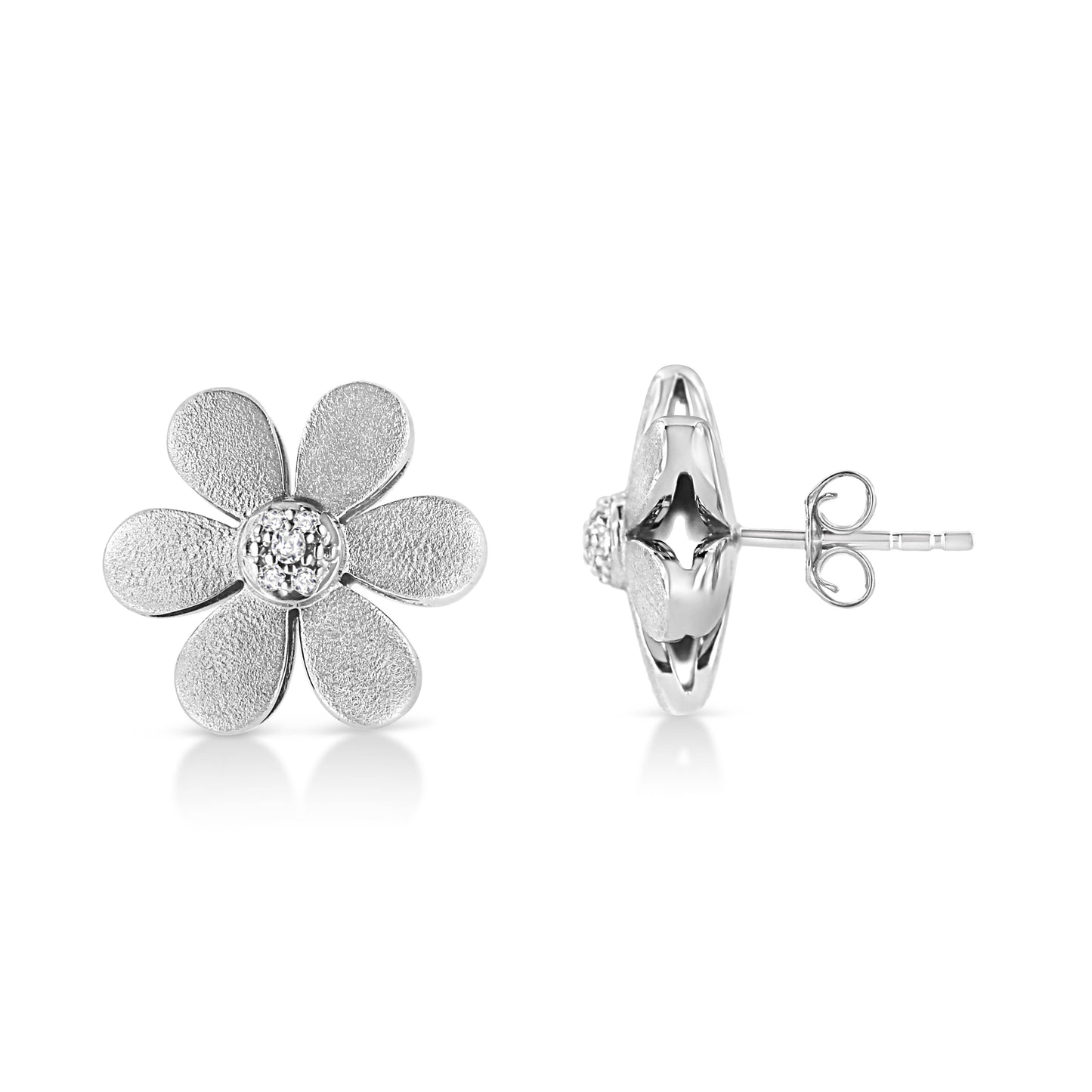 Matte Finished .925 Sterling Silver Diamond Accent Flower Hoop Stud Earring (I-J Color, I1-I2 Clarity) - Bijoux-NYC Direct