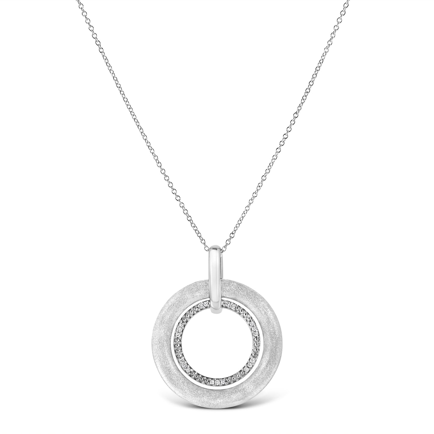 .925 Sterling Silver Prong-Set Diamond Accent Satin Finished Double Circle 18" Pendant Necklace (I-J Color, I1-I2 Clarity) - Bijoux-NYC Direct