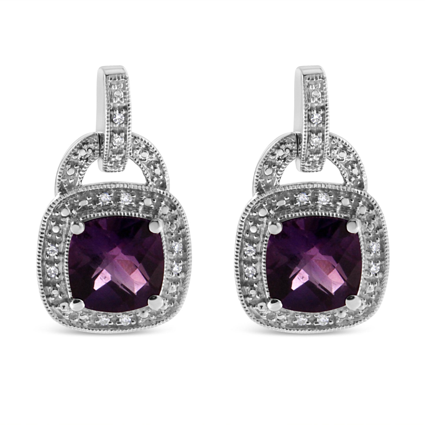 .925 Sterling Silver 8MM Natural Cushion Shaped Amethyst and Diamond Accent Halo with Push Back Dangle Earrings (I-J Color, I2-I3 Clarity) - Bijoux-NYC Direct
