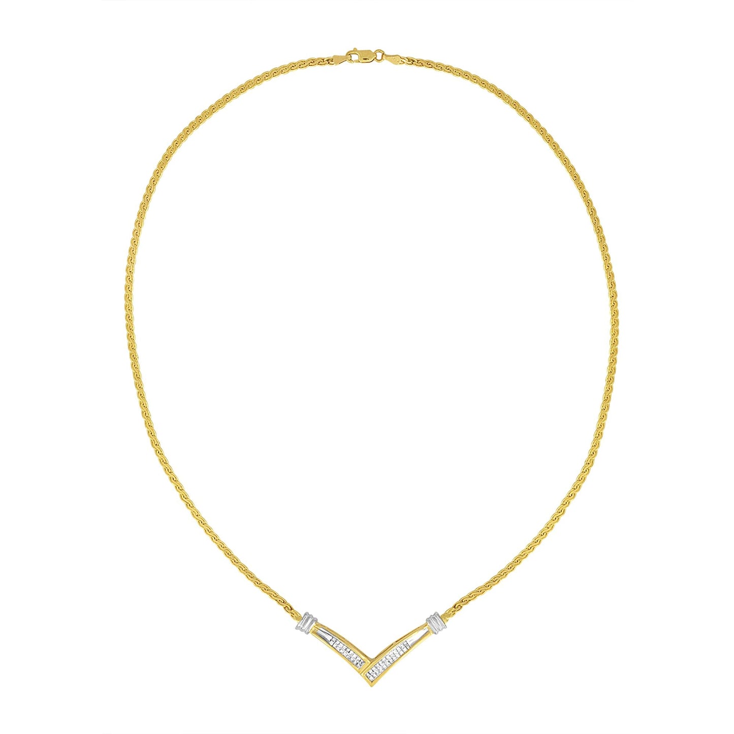 10K Yellow and White Gold 1/2 Cttw Princess Cut Diamond Channel-Set “V” Shape 18" Franco Chain Necklace (H-I Color, SI2-I1 Clarity) - Bijoux-NYC Direct