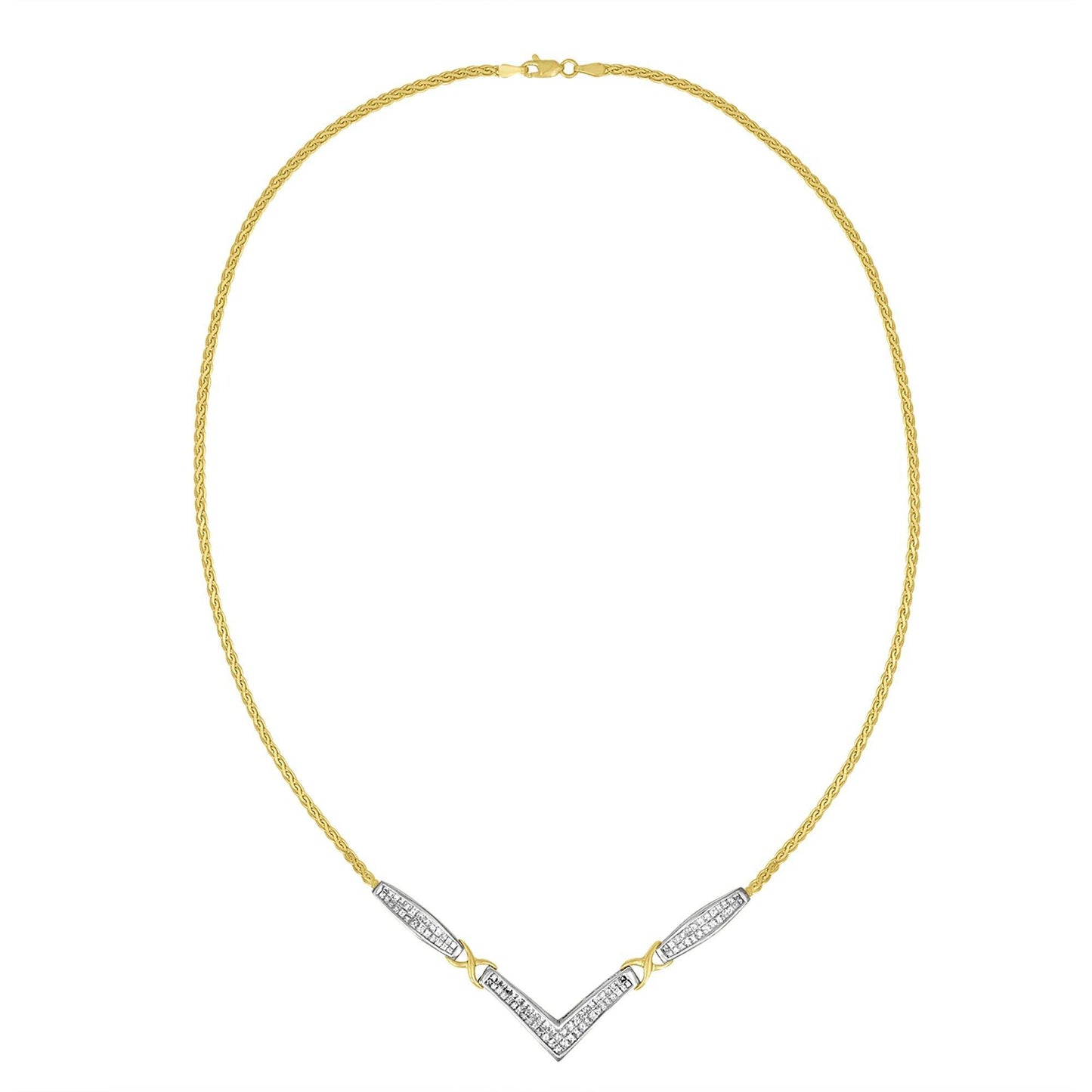 14K Yellow and White Gold 2.0 Cttw Princess Cut Diamond Flared and X-Station V Shaped 18” Franco Chain Statement Necklace (H-I Color, SI2-I1 Clarity) - Bijoux-NYC Direct