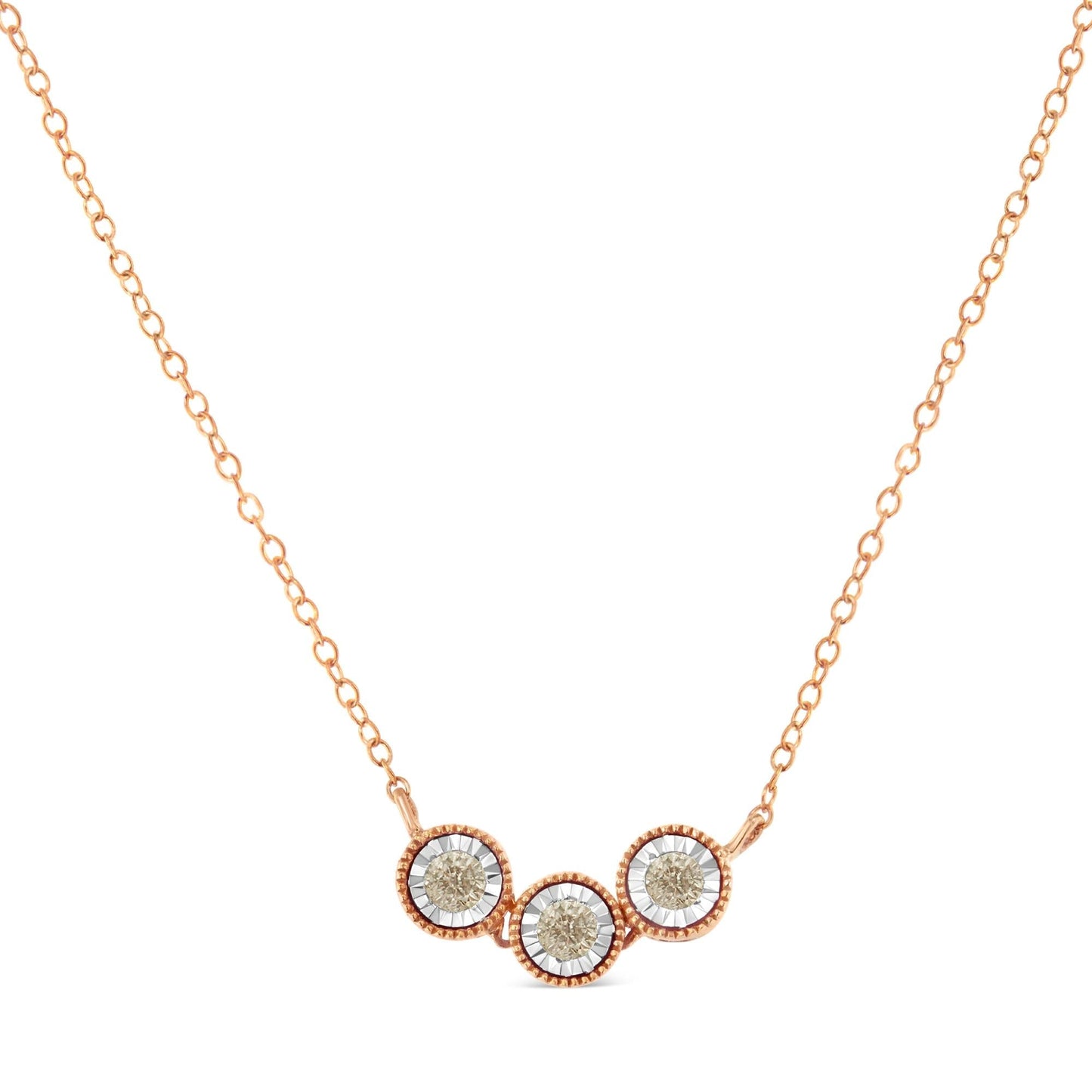 10K Rose and White Gold Plated .925 Sterling Silver 1/4 Cttw Miracle-Set Champagne Diamond Triple Circle 18" Necklace (I2-I3 Clarity) - Bijoux-NYC Direct