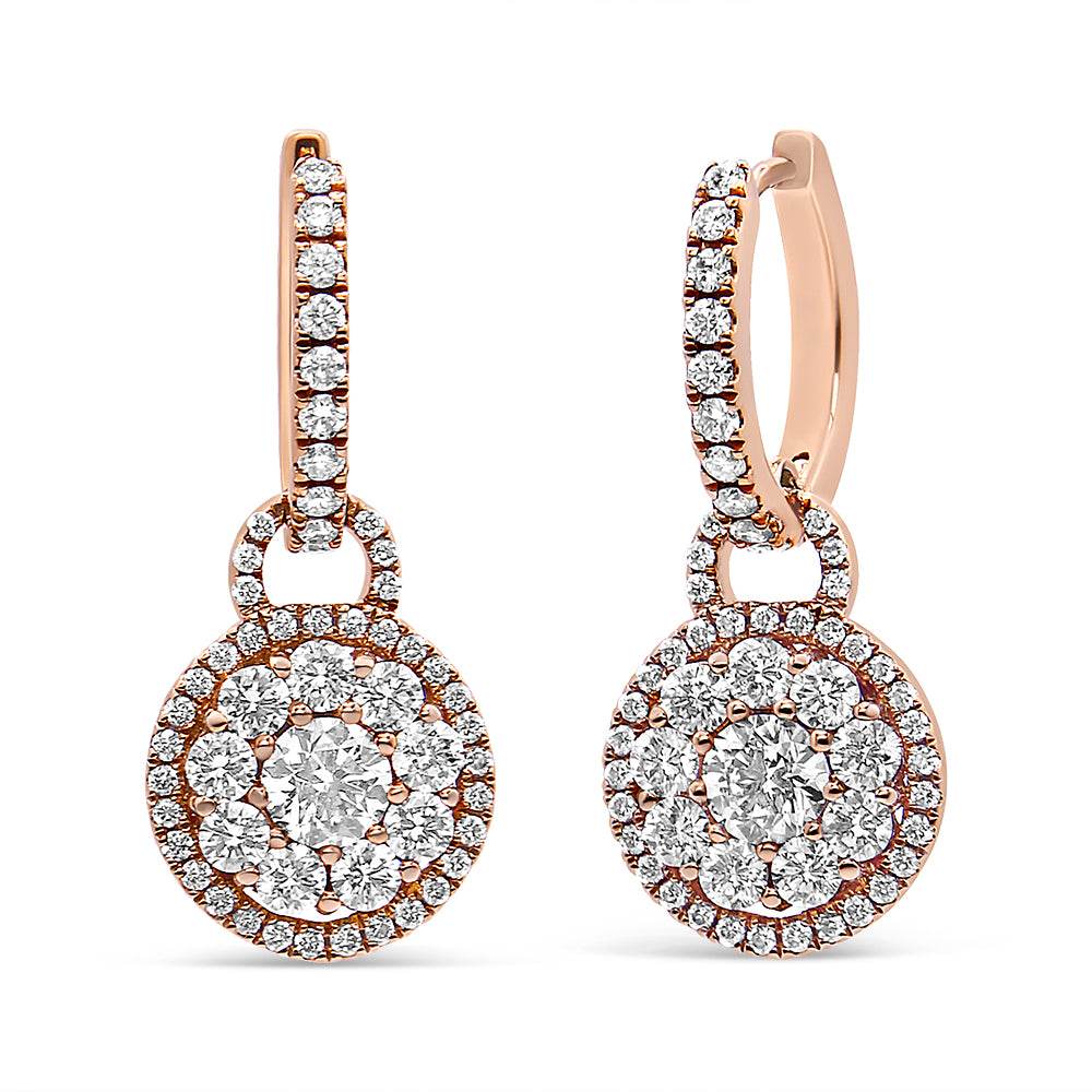 18K Rose Gold 1 1/2 Cttw Round Shaped Diamond Composite Drop and Dangle Leverback Earrings (F-G Color, VS1-VS2 Clarity) - Bijoux-NYC Direct